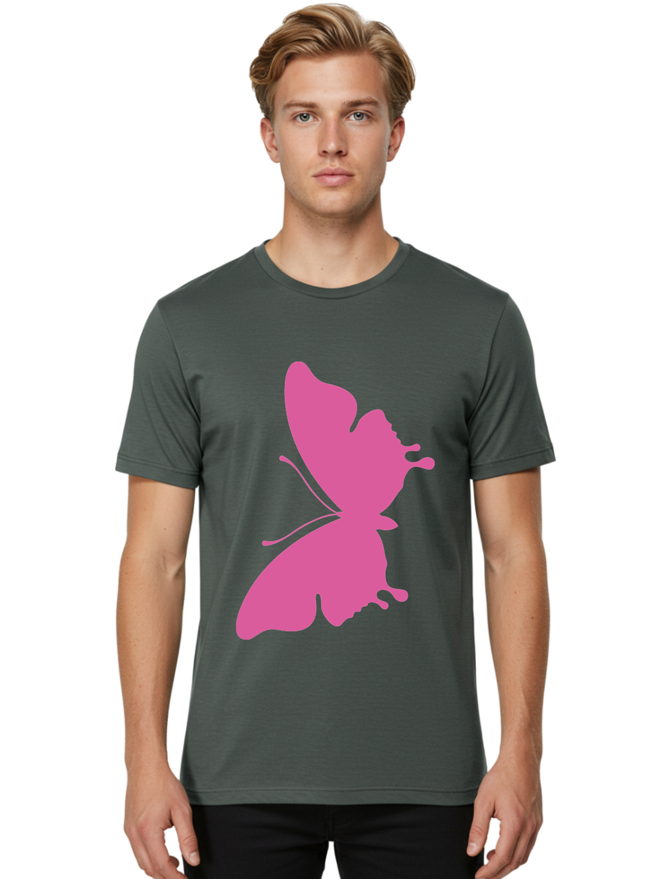 Pink-Butterfly Men'S Graphic Tee, 100% Cotton, Comfortable Casual Summer Wear, Machine Washable, Butterfly Silhouette, Pink Butterfly, Abstract Butterfly, Delicate Wings, Minimalist Design, Vibrant Pink Color, Bold Silhouette, Aad090