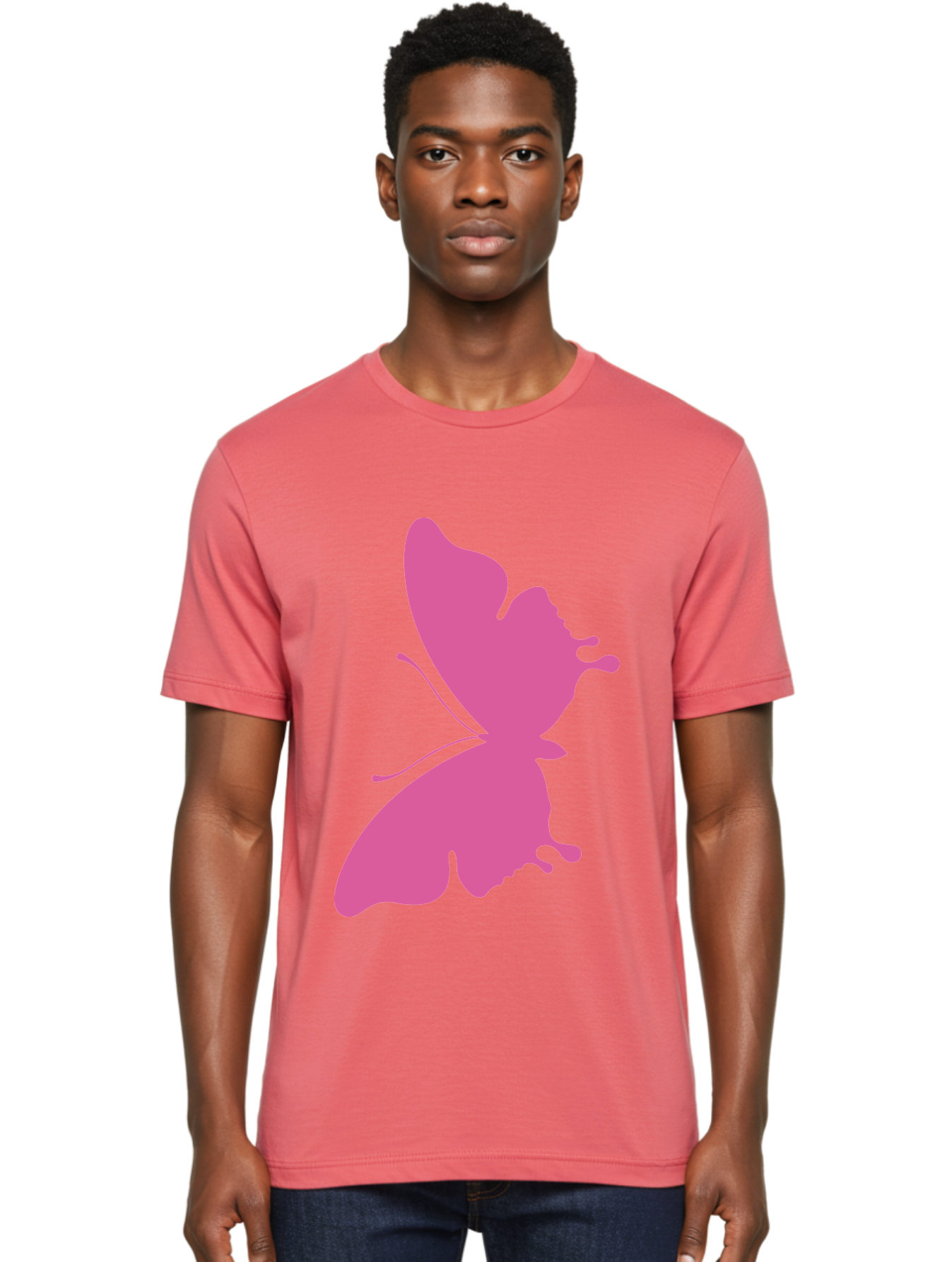 Pink-Butterfly Men'S Graphic Tee, 100% Cotton, Comfortable Casual Summer Wear, Machine Washable, Butterfly Silhouette, Pink Butterfly, Abstract Butterfly, Delicate Wings, Minimalist Design, Vibrant Pink Color, Bold Silhouette, Aad090