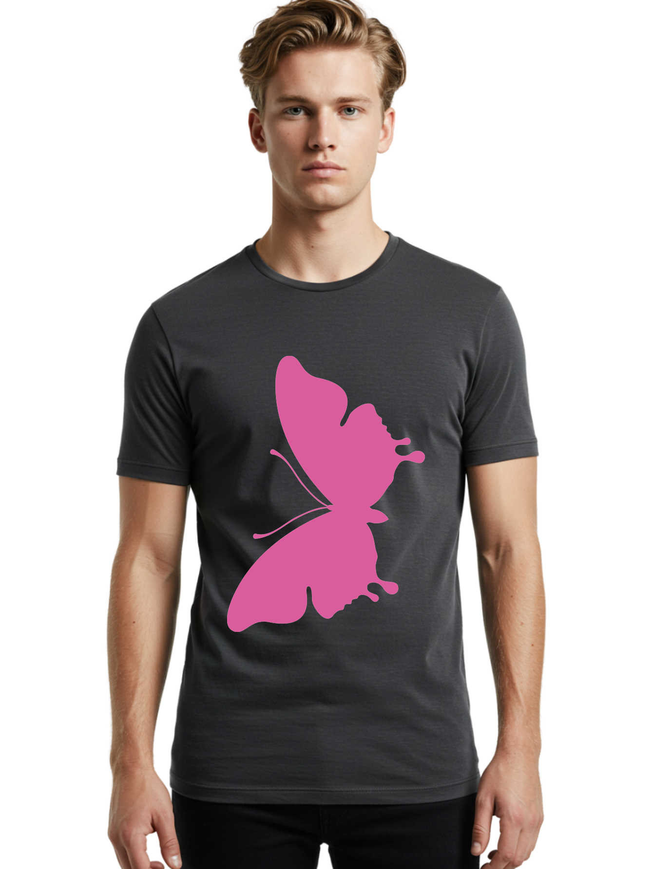 Pink-Butterfly Men'S Graphic Tee, 100% Cotton, Comfortable Casual Summer Wear, Machine Washable, Butterfly Silhouette, Pink Butterfly, Abstract Butterfly, Delicate Wings, Minimalist Design, Vibrant Pink Color, Bold Silhouette, Aad090