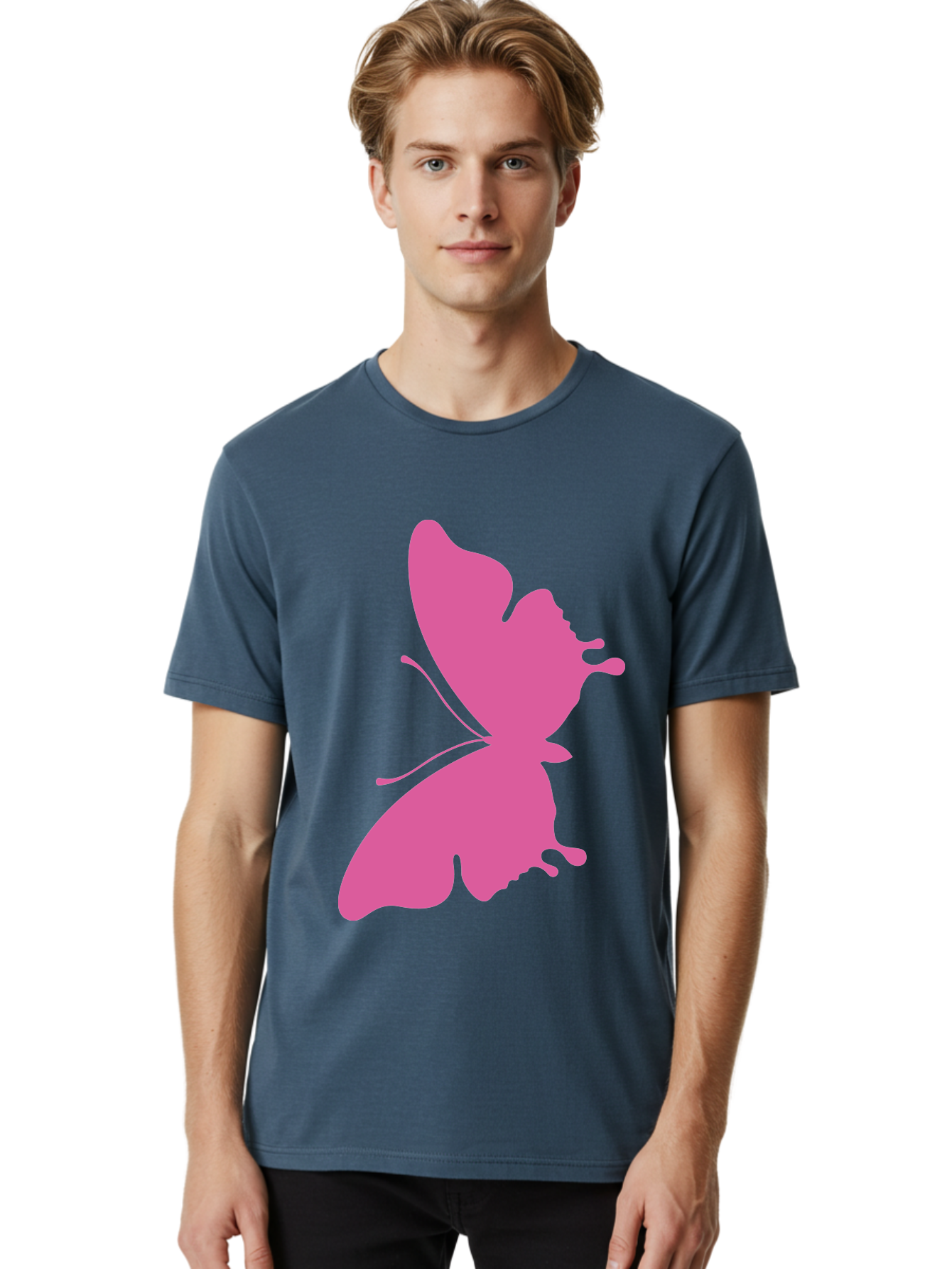 Pink-Butterfly Men'S Graphic Tee, 100% Cotton, Comfortable Casual Summer Wear, Machine Washable, Butterfly Silhouette, Pink Butterfly, Abstract Butterfly, Delicate Wings, Minimalist Design, Vibrant Pink Color, Bold Silhouette, Aad090