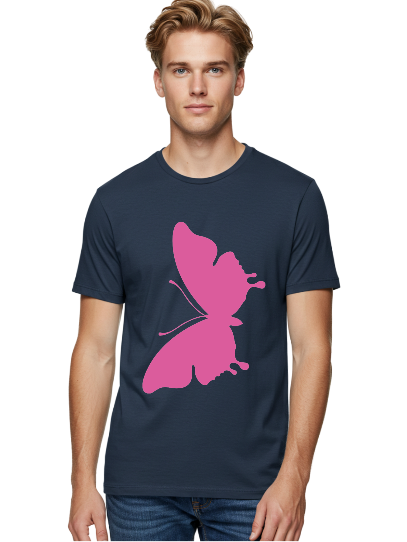 Pink-Butterfly Men'S Graphic Tee, 100% Cotton, Comfortable Casual Summer Wear, Machine Washable, Butterfly Silhouette, Pink Butterfly, Abstract Butterfly, Delicate Wings, Minimalist Design, Vibrant Pink Color, Bold Silhouette, Aad090
