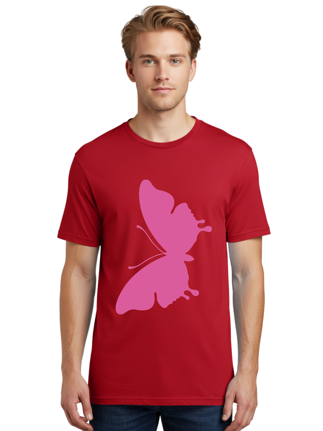 Pink-Butterfly Men'S Graphic Tee, 100% Cotton, Comfortable Casual Summer Wear, Machine Washable, Butterfly Silhouette, Pink Butterfly, Abstract Butterfly, Delicate Wings, Minimalist Design, Vibrant Pink Color, Bold Silhouette, Aad090