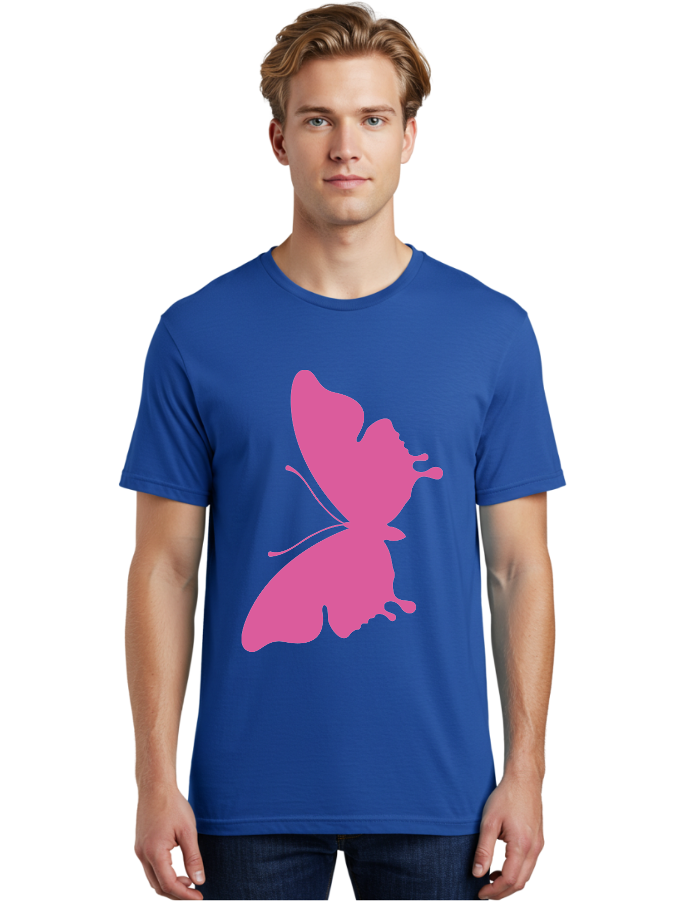 Pink-Butterfly Men'S Graphic Tee, 100% Cotton, Comfortable Casual Summer Wear, Machine Washable, Butterfly Silhouette, Pink Butterfly, Abstract Butterfly, Delicate Wings, Minimalist Design, Vibrant Pink Color, Bold Silhouette, Aad090