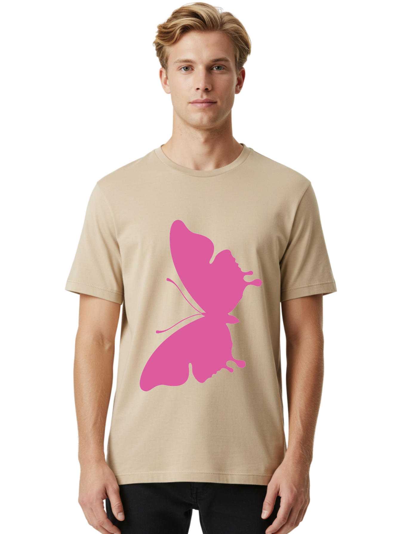 Pink-Butterfly Men'S Graphic Tee, 100% Cotton, Comfortable Casual Summer Wear, Machine Washable, Butterfly Silhouette, Pink Butterfly, Abstract Butterfly, Delicate Wings, Minimalist Design, Vibrant Pink Color, Bold Silhouette, Aad090