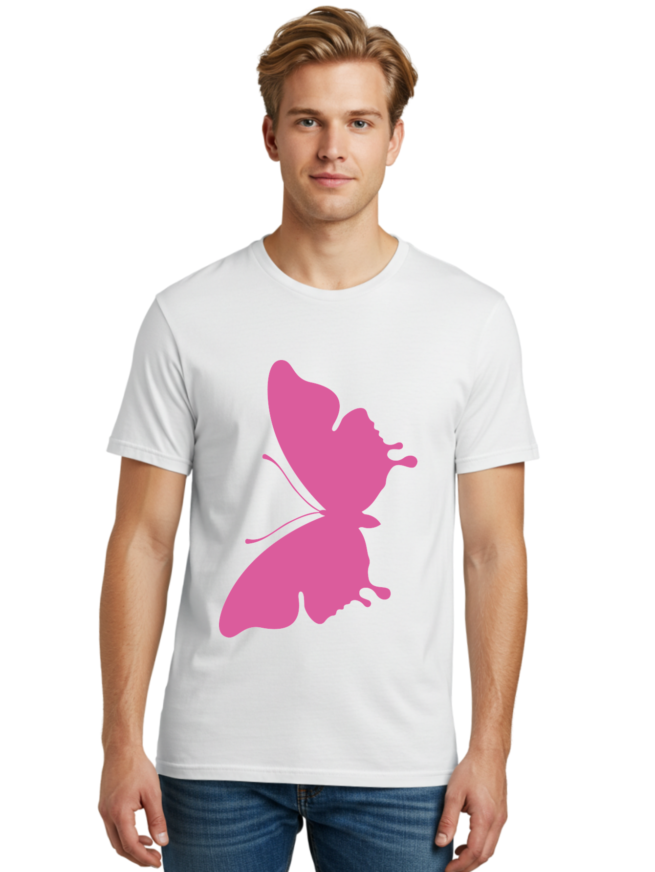 Pink-Butterfly Men'S Graphic Tee, 100% Cotton, Comfortable Casual Summer Wear, Machine Washable, Butterfly Silhouette, Pink Butterfly, Abstract Butterfly, Delicate Wings, Minimalist Design, Vibrant Pink Color, Bold Silhouette, Aad090