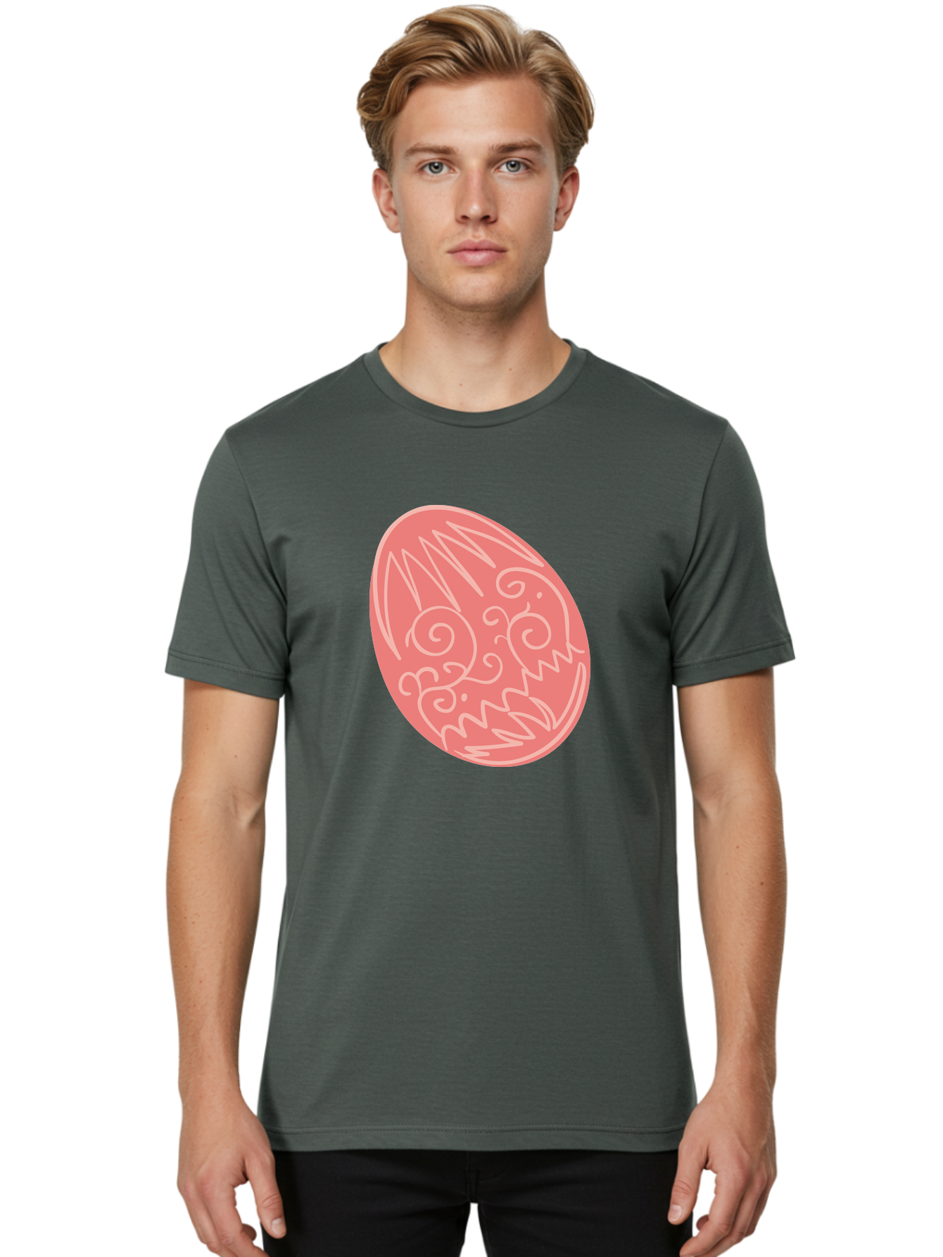 Pink-Dragon-Egg Men'S Graphic Tee, 100% Cotton, Comfortable Casual Summer Wear, Machine Washable, Pink Easter Egg, Dragon Design, White Line Art, Festive Decoration, Spring Celebration, Easter Symbol, Cute Illustration Aad091