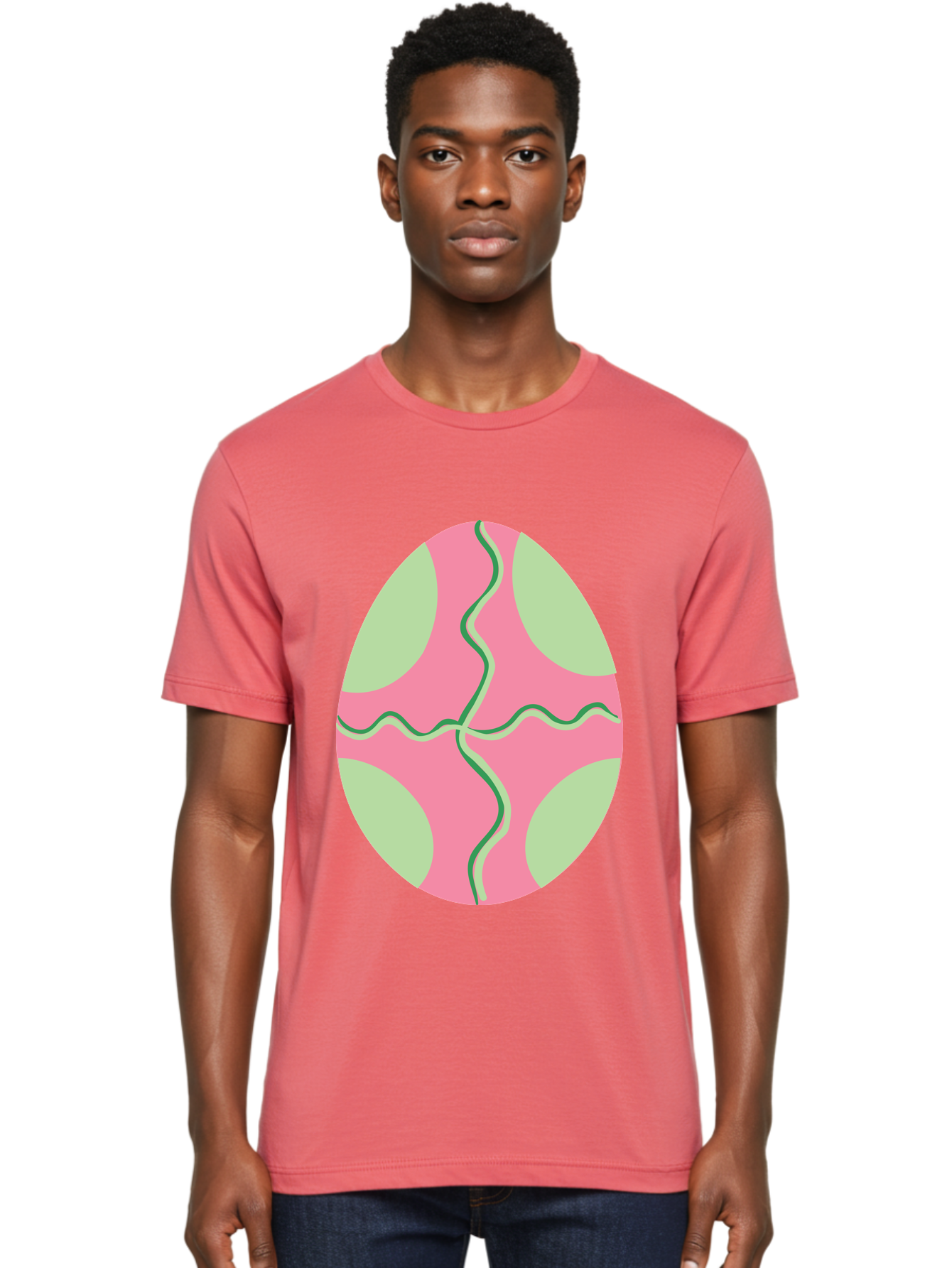 Pink-Easter-Egg Men'S Graphic Tee, 100% Cotton, Comfortable Casual Summer Wear, Machine Washable, Easter Egg Decoration, Cracked Egg Design, Pink And Green Colors, Wavy Crack Lines, Festive Easter Theme, Spring Holiday Symbol Aad093