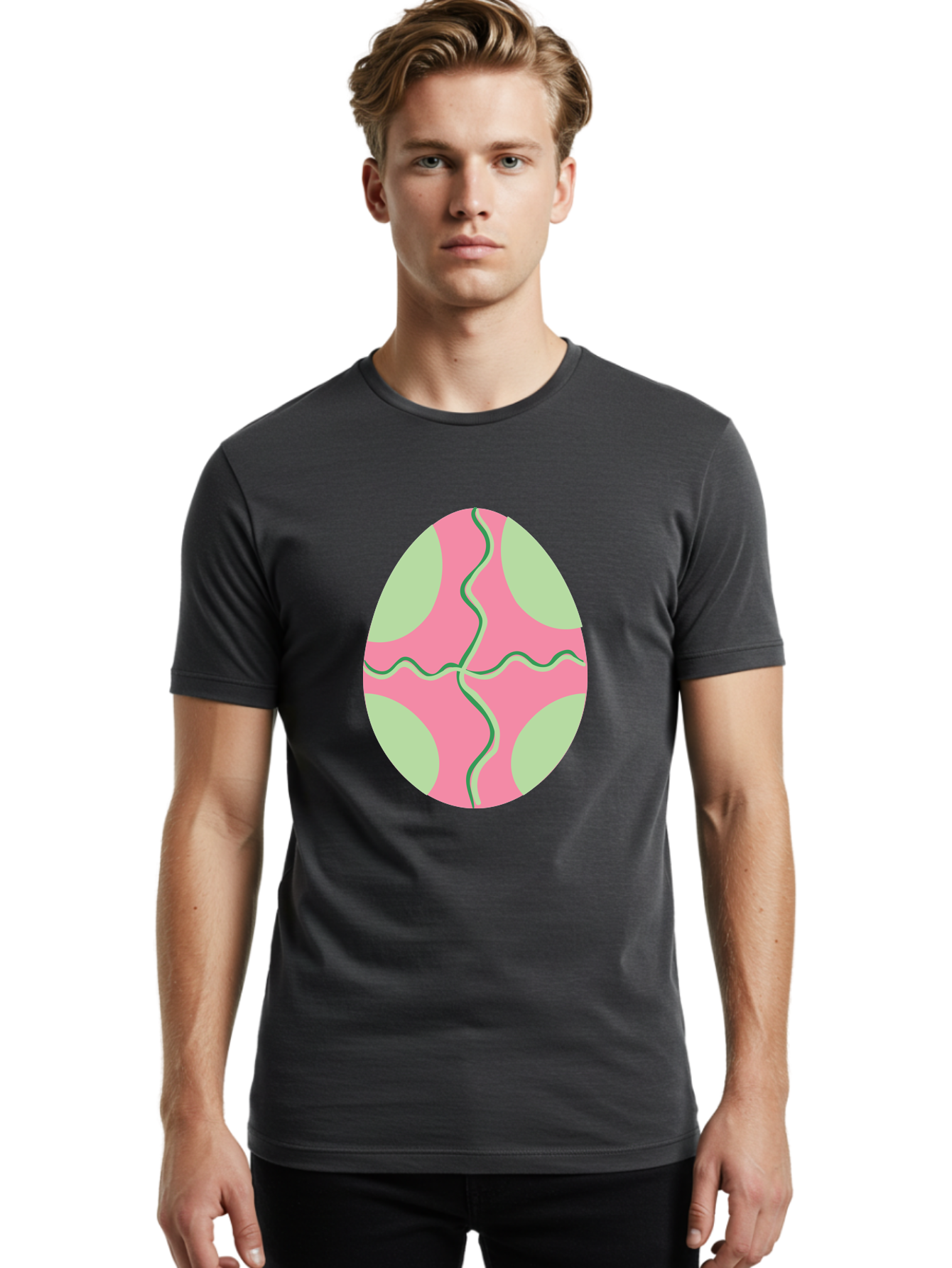 Pink-Easter-Egg Men'S Graphic Tee, 100% Cotton, Comfortable Casual Summer Wear, Machine Washable, Easter Egg Decoration, Cracked Egg Design, Pink And Green Colors, Wavy Crack Lines, Festive Easter Theme, Spring Holiday Symbol Aad093