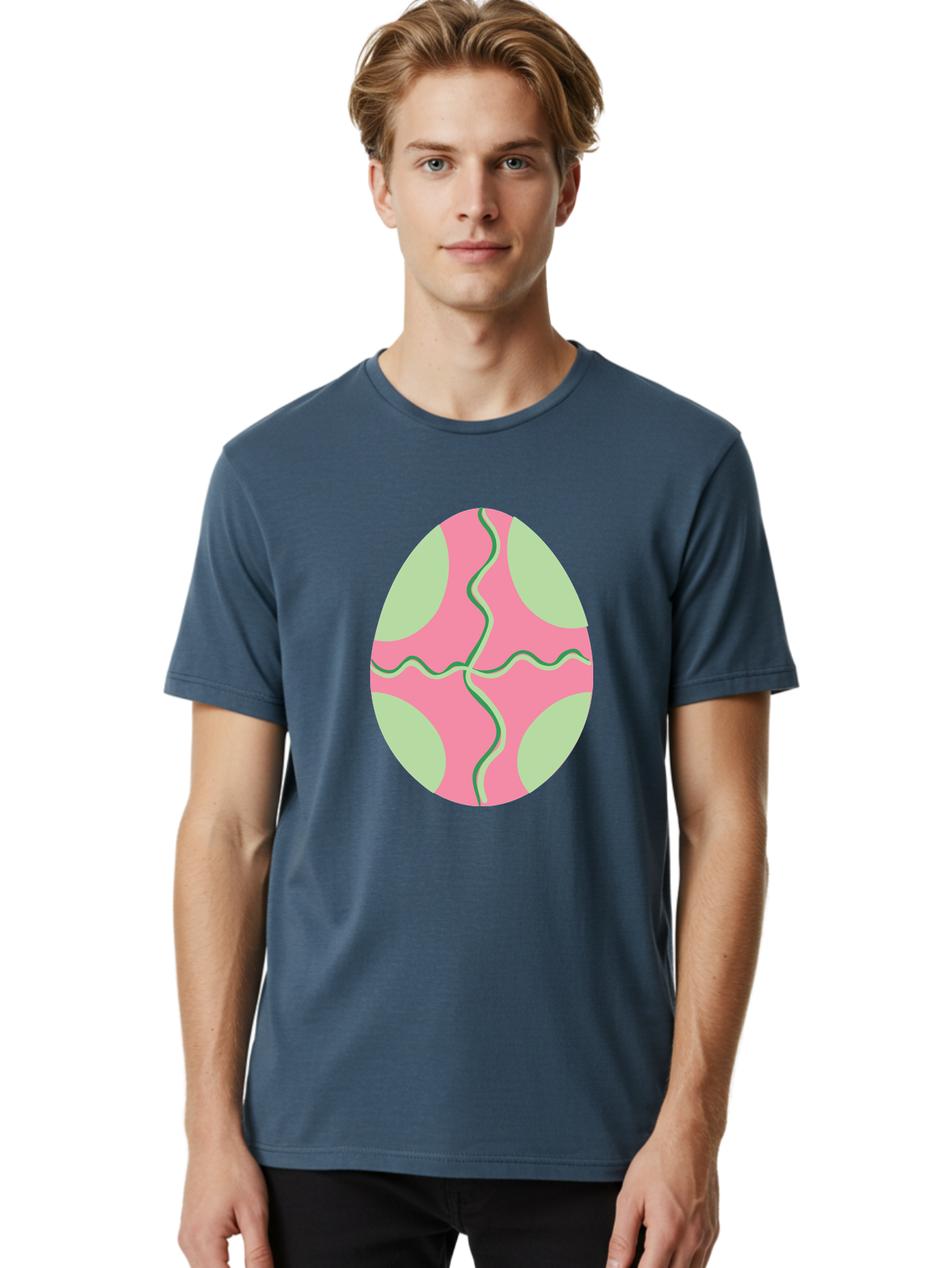 Pink-Easter-Egg Men'S Graphic Tee, 100% Cotton, Comfortable Casual Summer Wear, Machine Washable, Easter Egg Decoration, Cracked Egg Design, Pink And Green Colors, Wavy Crack Lines, Festive Easter Theme, Spring Holiday Symbol Aad093