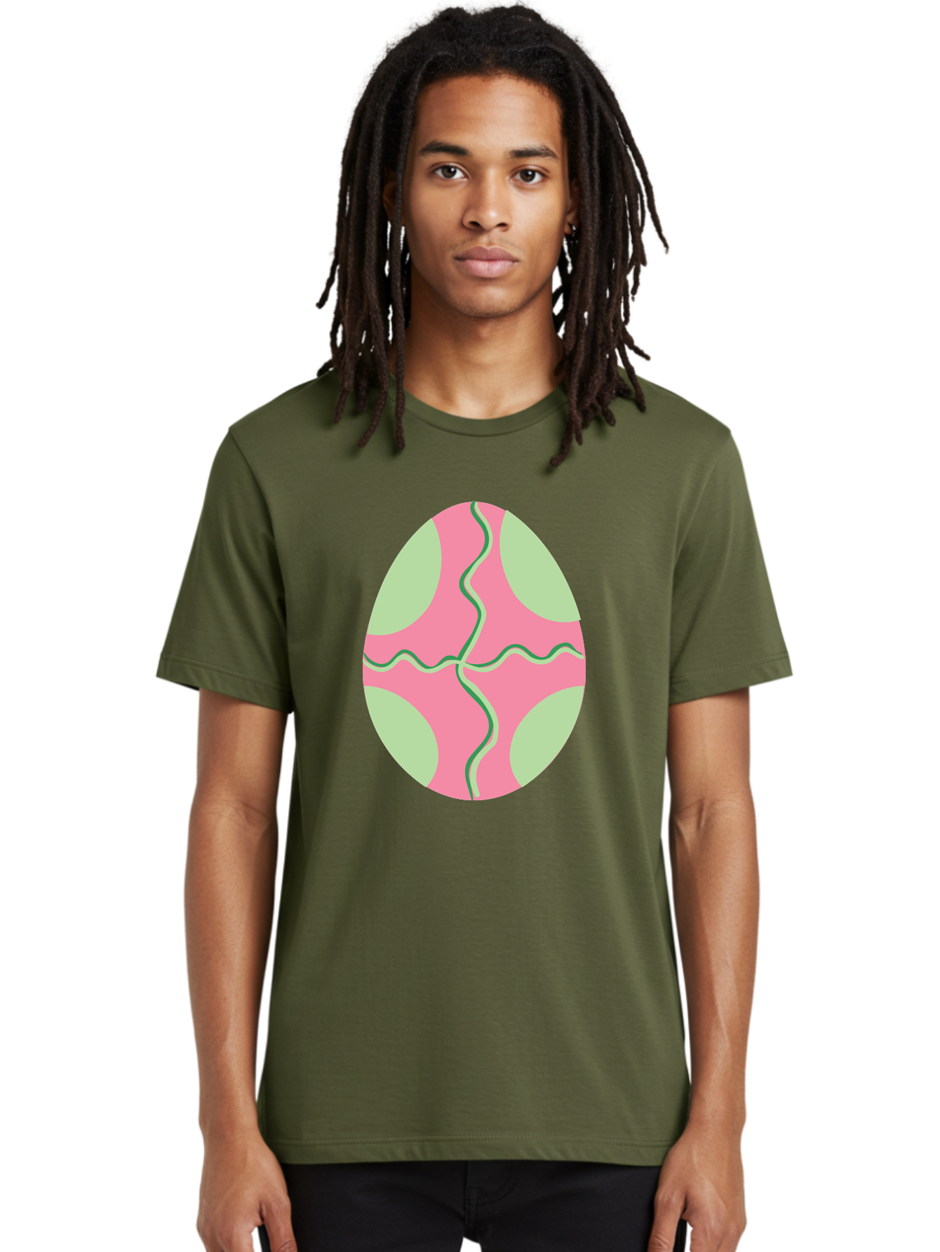 Pink-Easter-Egg Men'S Graphic Tee, 100% Cotton, Comfortable Casual Summer Wear, Machine Washable, Easter Egg Decoration, Cracked Egg Design, Pink And Green Colors, Wavy Crack Lines, Festive Easter Theme, Spring Holiday Symbol Aad093