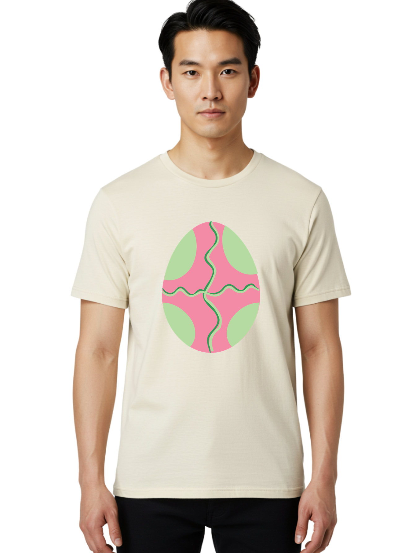 Pink-Easter-Egg Men'S Graphic Tee, 100% Cotton, Comfortable Casual Summer Wear, Machine Washable, Easter Egg Decoration, Cracked Egg Design, Pink And Green Colors, Wavy Crack Lines, Festive Easter Theme, Spring Holiday Symbol Aad093