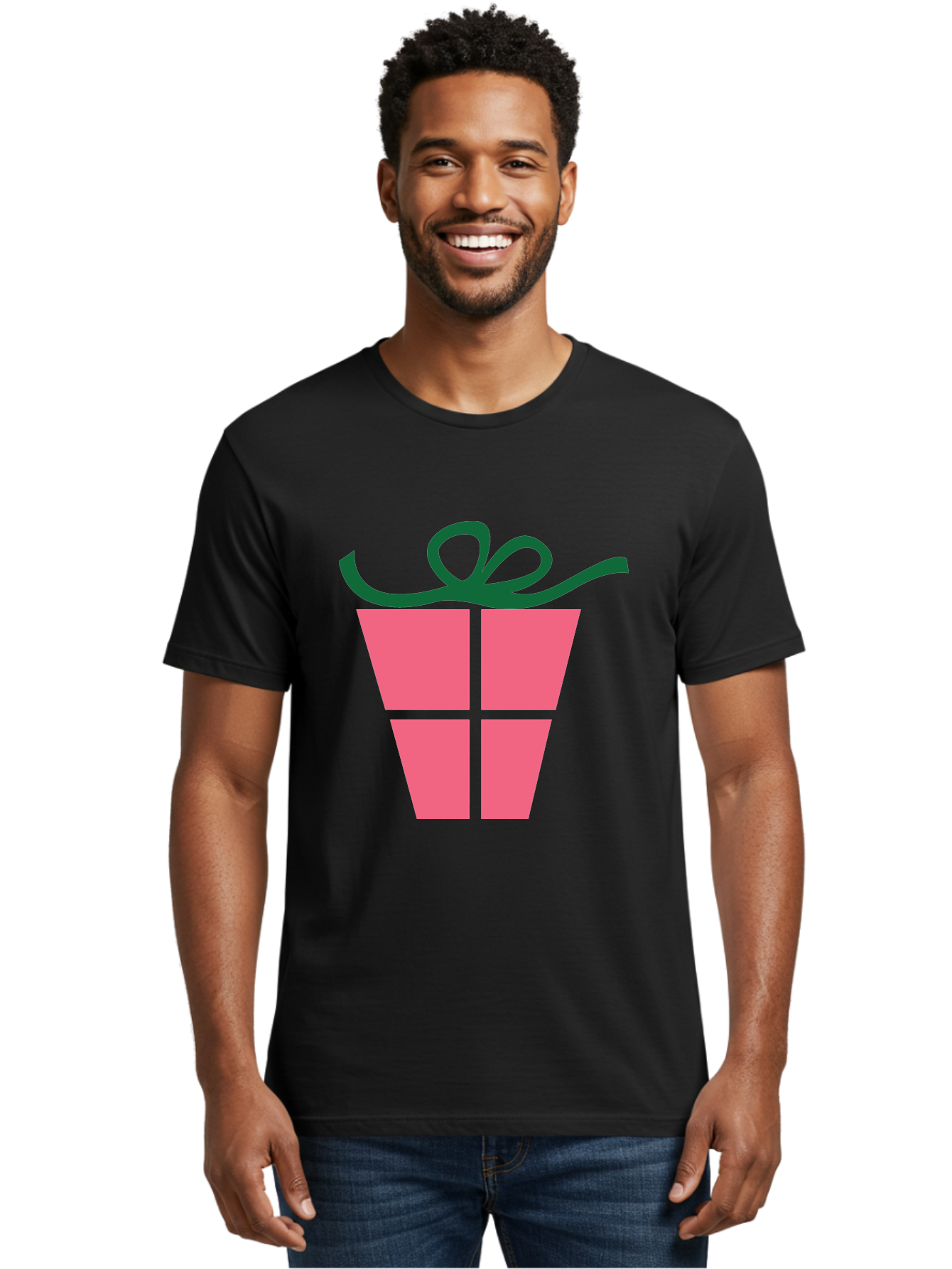Pink-Gift-Box-With-Ribbon Men'S Graphic Tee, 100% Cotton, Comfortable Casual Summer Wear, Machine Washable, Pink Gift Box, Wrapped Present, Green Ribbon, Festive, Celebration, Party Favor, Gift Giving, Holiday Present Aad094