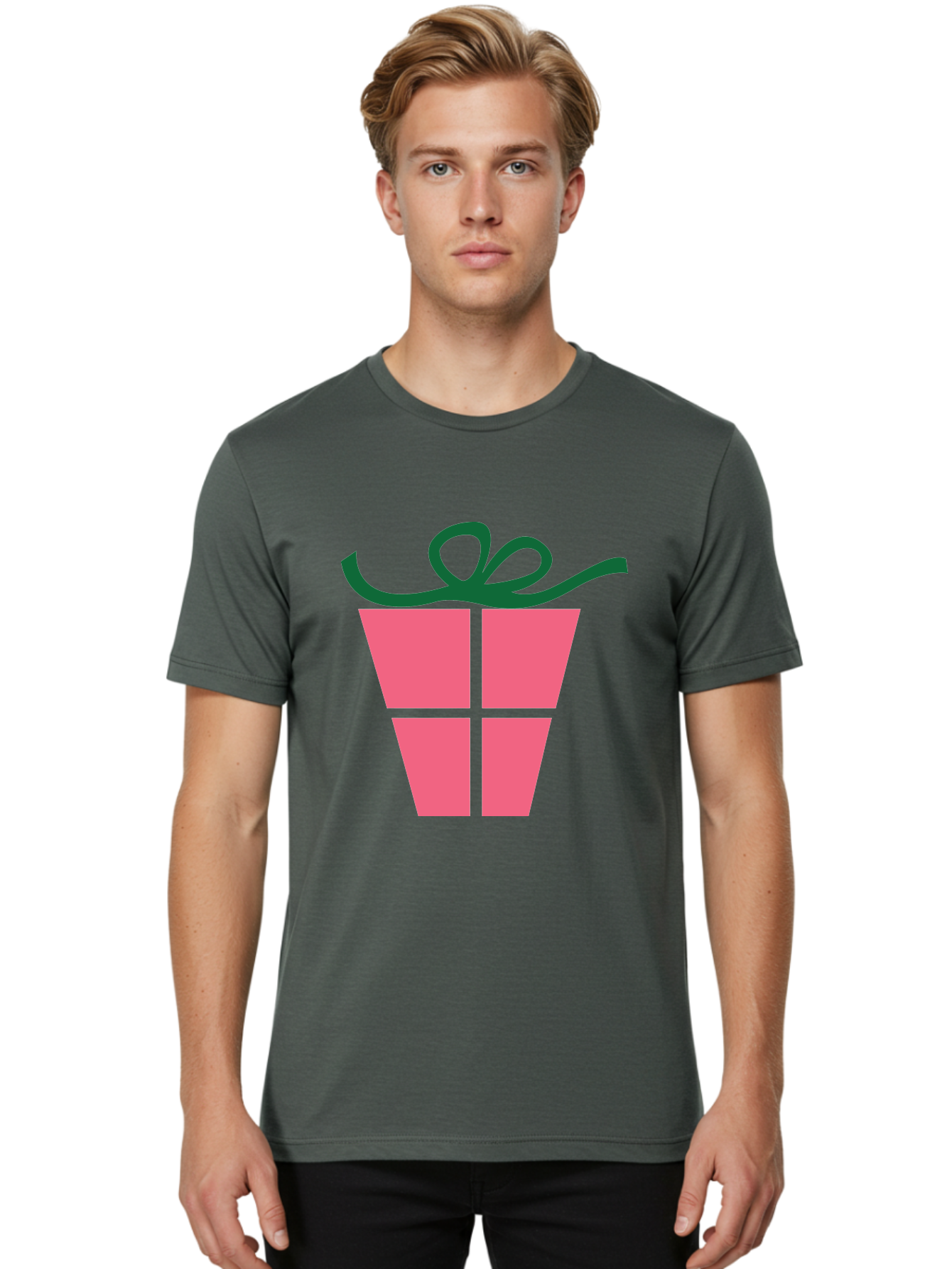 Pink-Gift-Box-With-Ribbon Men'S Graphic Tee, 100% Cotton, Comfortable Casual Summer Wear, Machine Washable, Pink Gift Box, Wrapped Present, Green Ribbon, Festive, Celebration, Party Favor, Gift Giving, Holiday Present Aad094