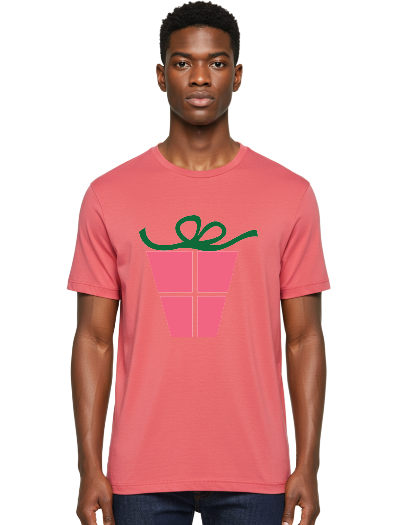 Pink-Gift-Box-With-Ribbon Men'S Graphic Tee, 100% Cotton, Comfortable Casual Summer Wear, Machine Washable, Pink Gift Box, Wrapped Present, Green Ribbon, Festive, Celebration, Party Favor, Gift Giving, Holiday Present Aad094