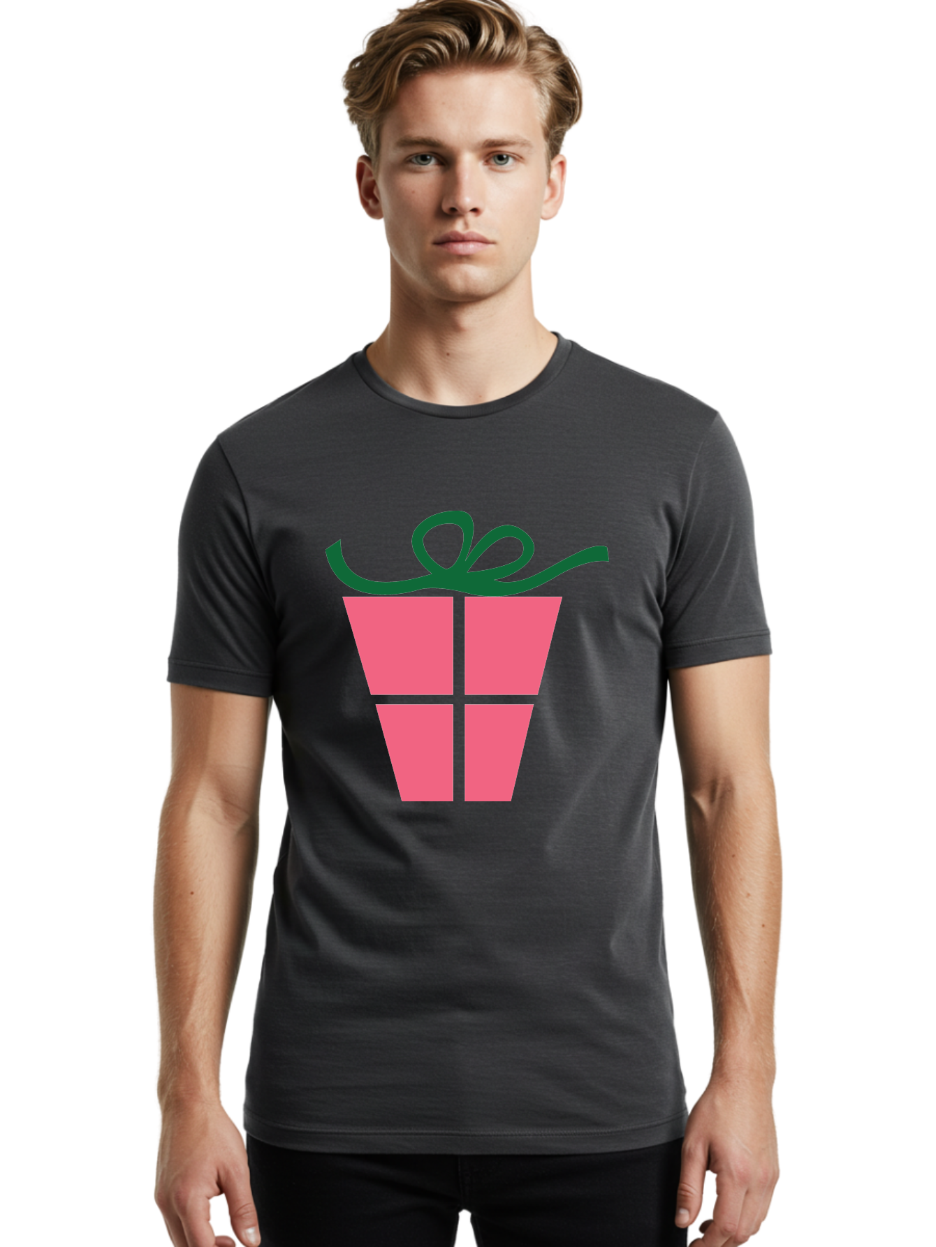 Pink-Gift-Box-With-Ribbon Men'S Graphic Tee, 100% Cotton, Comfortable Casual Summer Wear, Machine Washable, Pink Gift Box, Wrapped Present, Green Ribbon, Festive, Celebration, Party Favor, Gift Giving, Holiday Present Aad094