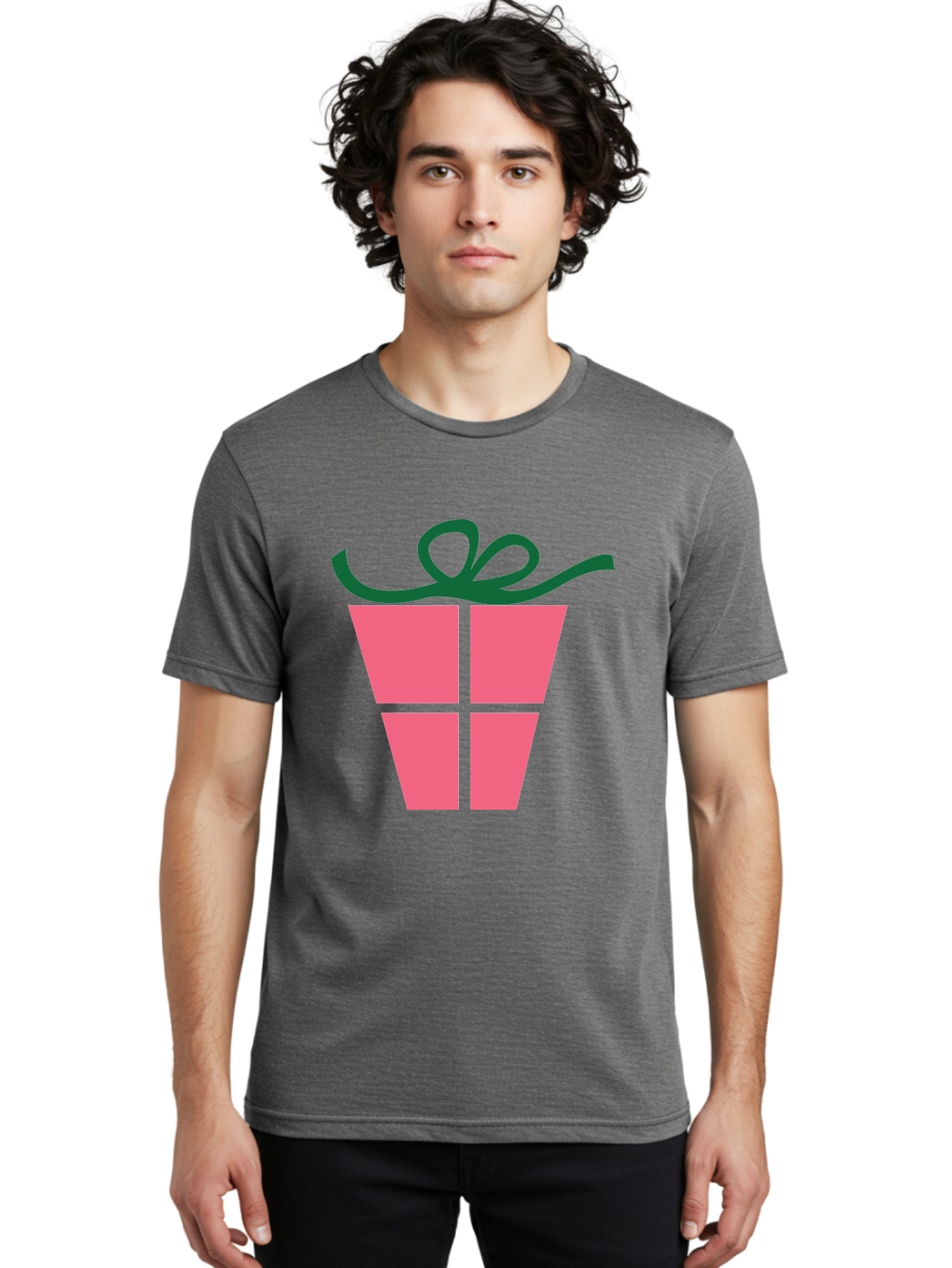 Pink-Gift-Box-With-Ribbon Men'S Graphic Tee, 100% Cotton, Comfortable Casual Summer Wear, Machine Washable, Pink Gift Box, Wrapped Present, Green Ribbon, Festive, Celebration, Party Favor, Gift Giving, Holiday Present Aad094