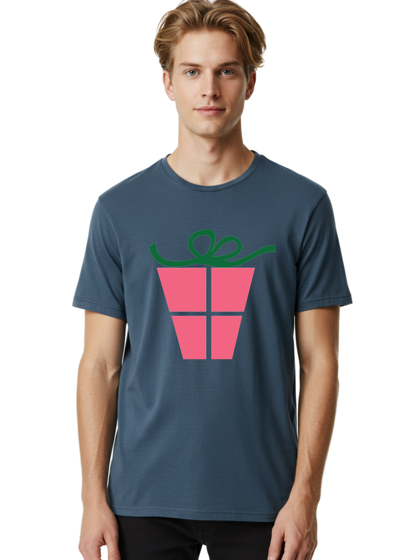 Pink-Gift-Box-With-Ribbon Men'S Graphic Tee, 100% Cotton, Comfortable Casual Summer Wear, Machine Washable, Pink Gift Box, Wrapped Present, Green Ribbon, Festive, Celebration, Party Favor, Gift Giving, Holiday Present Aad094