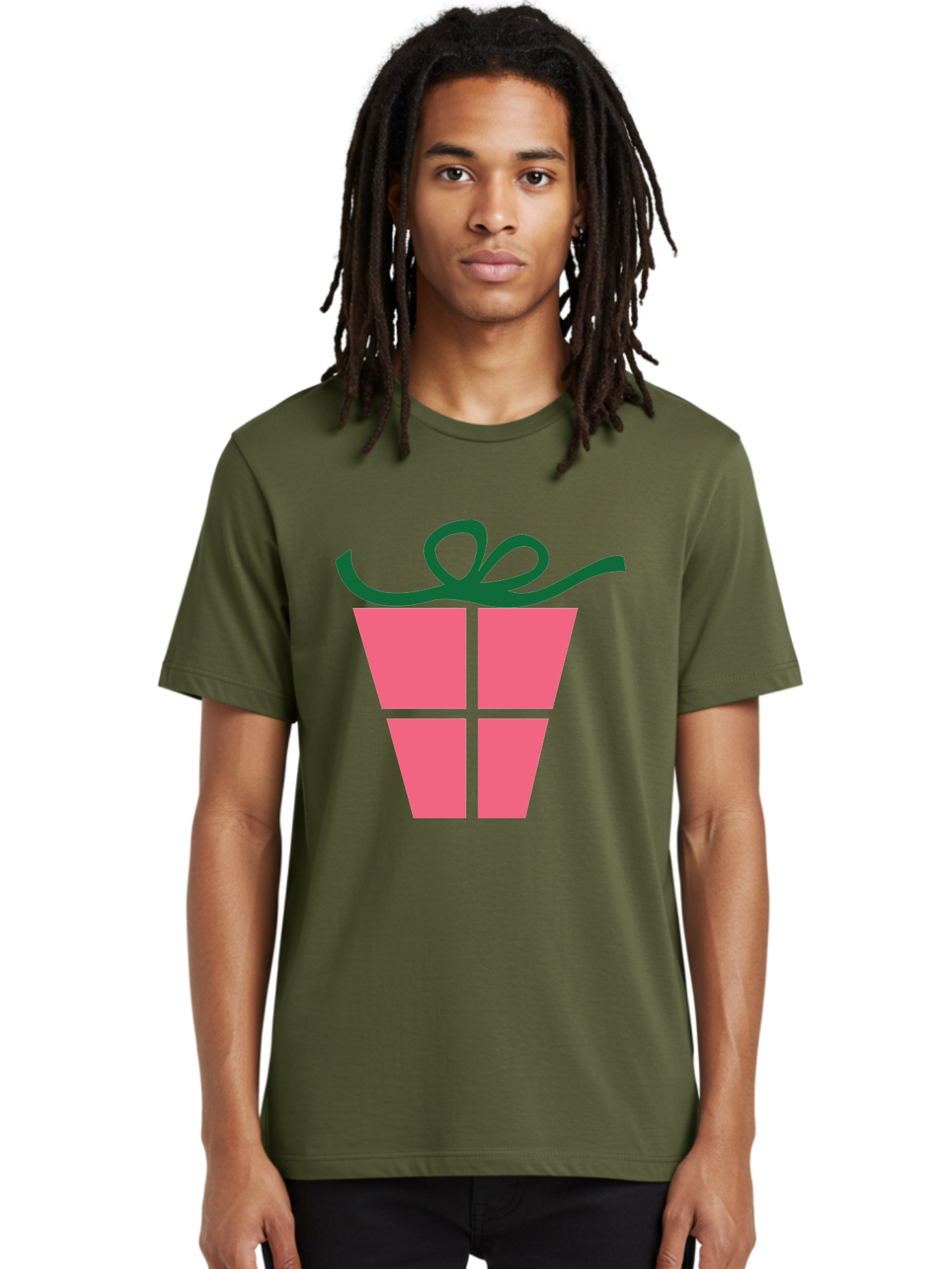 Pink-Gift-Box-With-Ribbon Men'S Graphic Tee, 100% Cotton, Comfortable Casual Summer Wear, Machine Washable, Pink Gift Box, Wrapped Present, Green Ribbon, Festive, Celebration, Party Favor, Gift Giving, Holiday Present Aad094