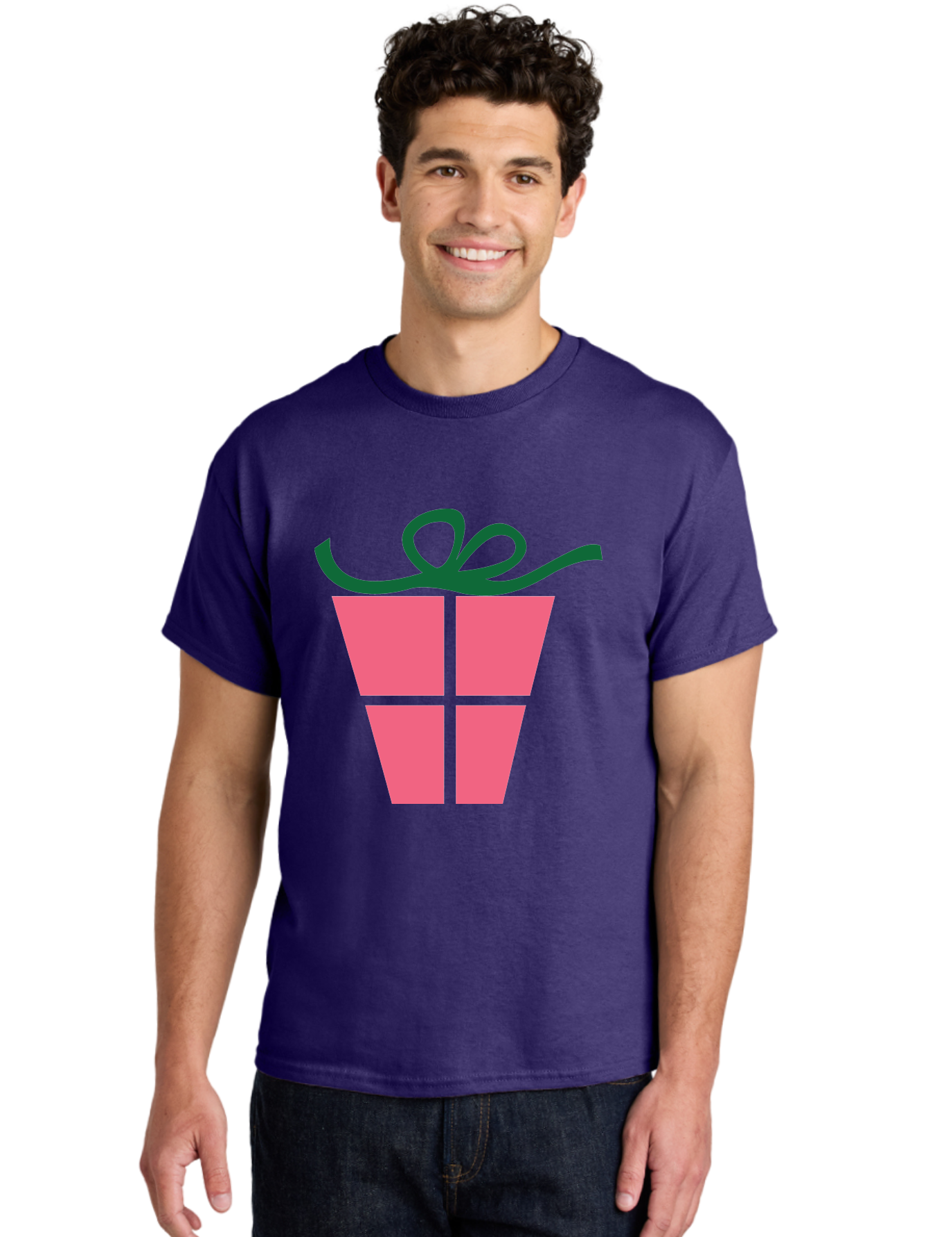 Pink-Gift-Box-With-Ribbon Men'S Graphic Tee, 100% Cotton, Comfortable Casual Summer Wear, Machine Washable, Pink Gift Box, Wrapped Present, Green Ribbon, Festive, Celebration, Party Favor, Gift Giving, Holiday Present Aad094