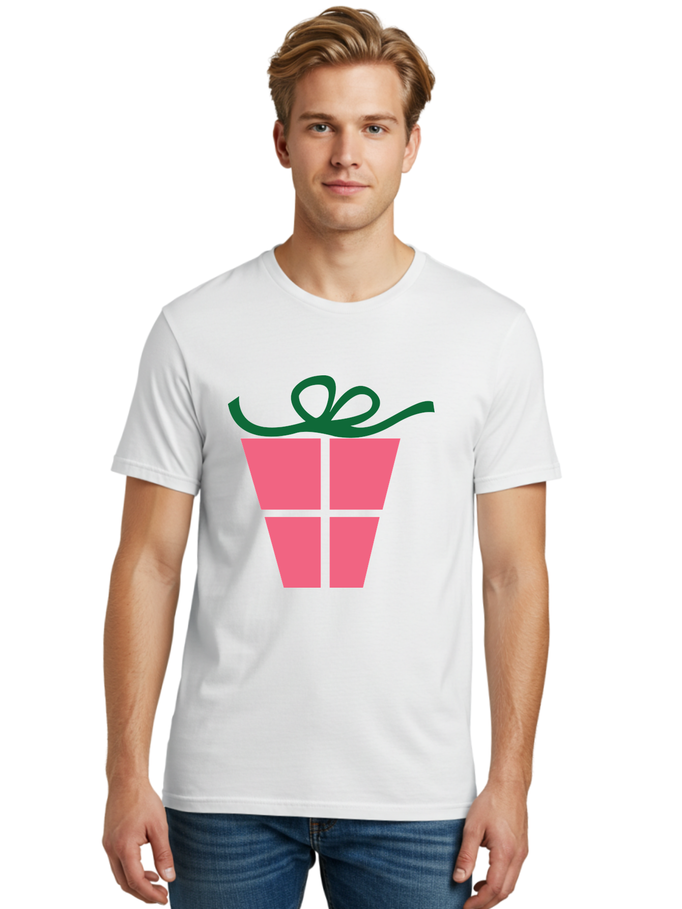 Pink-Gift-Box-With-Ribbon Men'S Graphic Tee, 100% Cotton, Comfortable Casual Summer Wear, Machine Washable, Pink Gift Box, Wrapped Present, Green Ribbon, Festive, Celebration, Party Favor, Gift Giving, Holiday Present Aad094