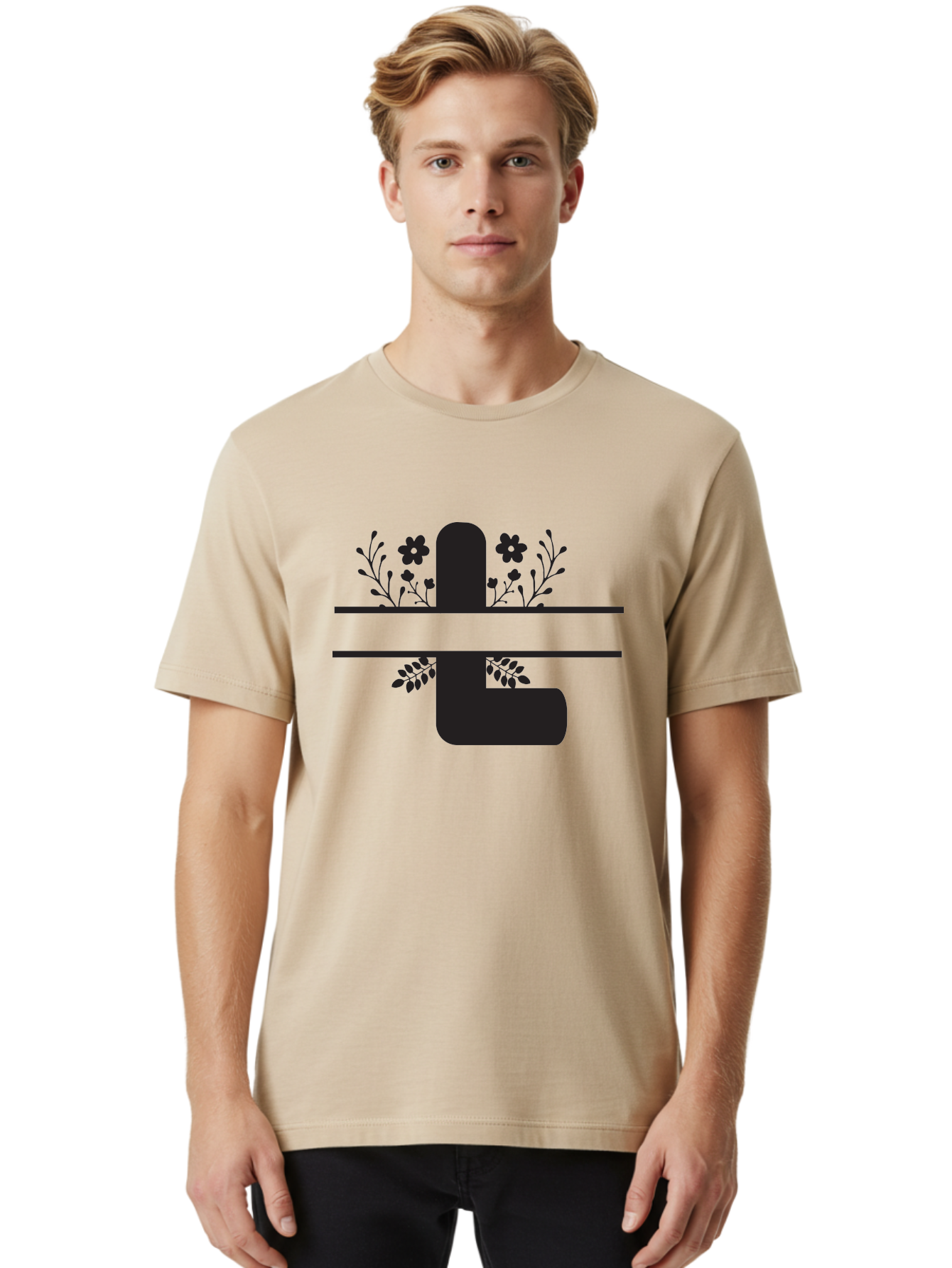 Pipe-With-Flowers Men'S Graphic Tee, 100% Cotton, Comfortable Casual Summer Wear, Machine Washable, Pipe With Flowers, Minimalist Design, Black Silhouette, Floral Elements, Artistic Illustration, Simple Shapes, Modern Art, Creative Concept Aad095