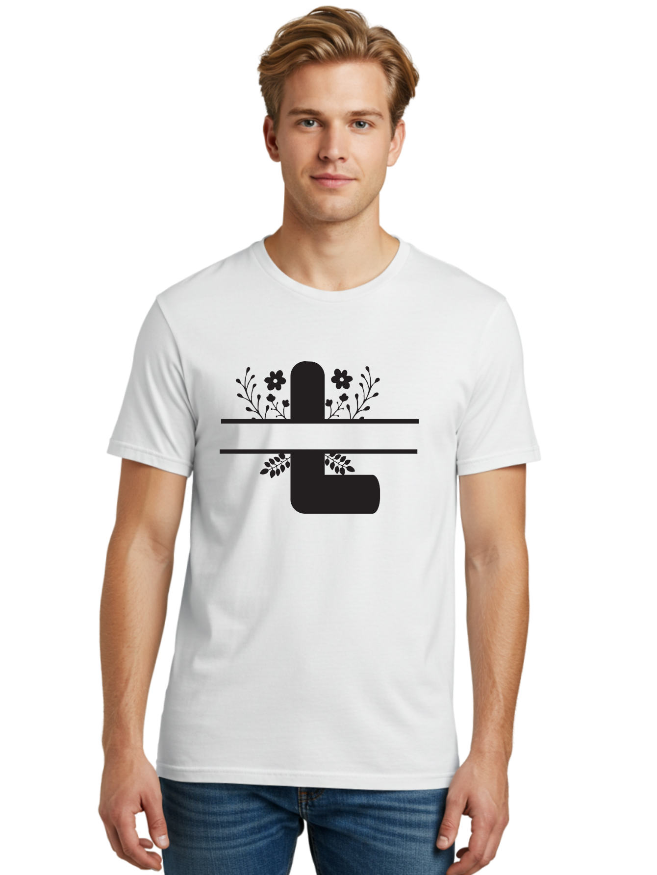 Pipe-With-Flowers Men'S Graphic Tee, 100% Cotton, Comfortable Casual Summer Wear, Machine Washable, Pipe With Flowers, Minimalist Design, Black Silhouette, Floral Elements, Artistic Illustration, Simple Shapes, Modern Art, Creative Concept Aad095