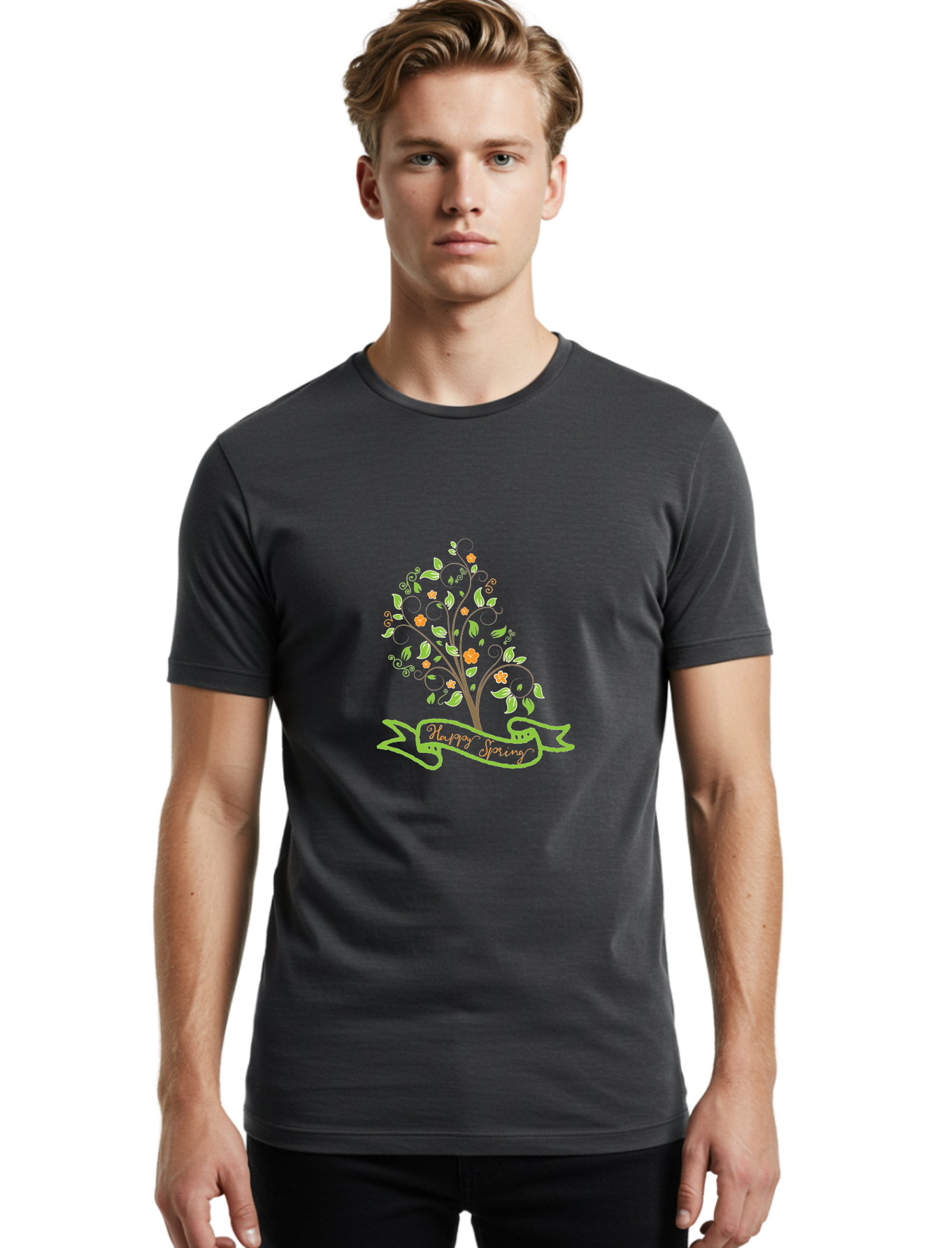 Plant-Your-Story Men'S Graphic Tee, 100% Cotton, Comfortable Casual Summer Wear, Machine Washable, Tree With Flowers, Playful Design, Inspirational Quote, Journey Theme, Floral Pattern, Orange Flowers, White Leaves, Creative Typography, Aad096