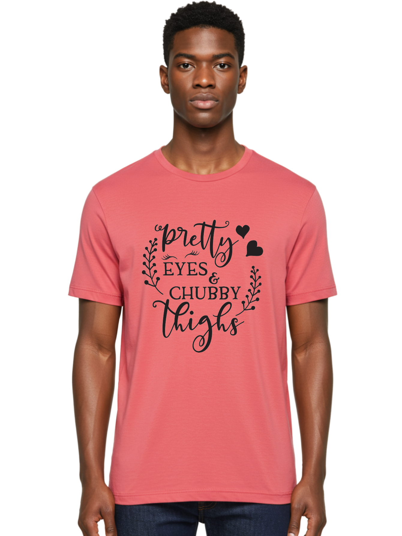 Pretty-Eyes-Chubby-Thighs Men'S Graphic Tee, 100% Cotton, Comfortable Casual Summer Wear, Machine Washable, Cute Typography, Body Positivity, Self Love, Confidence Boost, Empowerment, Lovely Quotes, Charming Phrases, Inspiration, Motivation Aad100