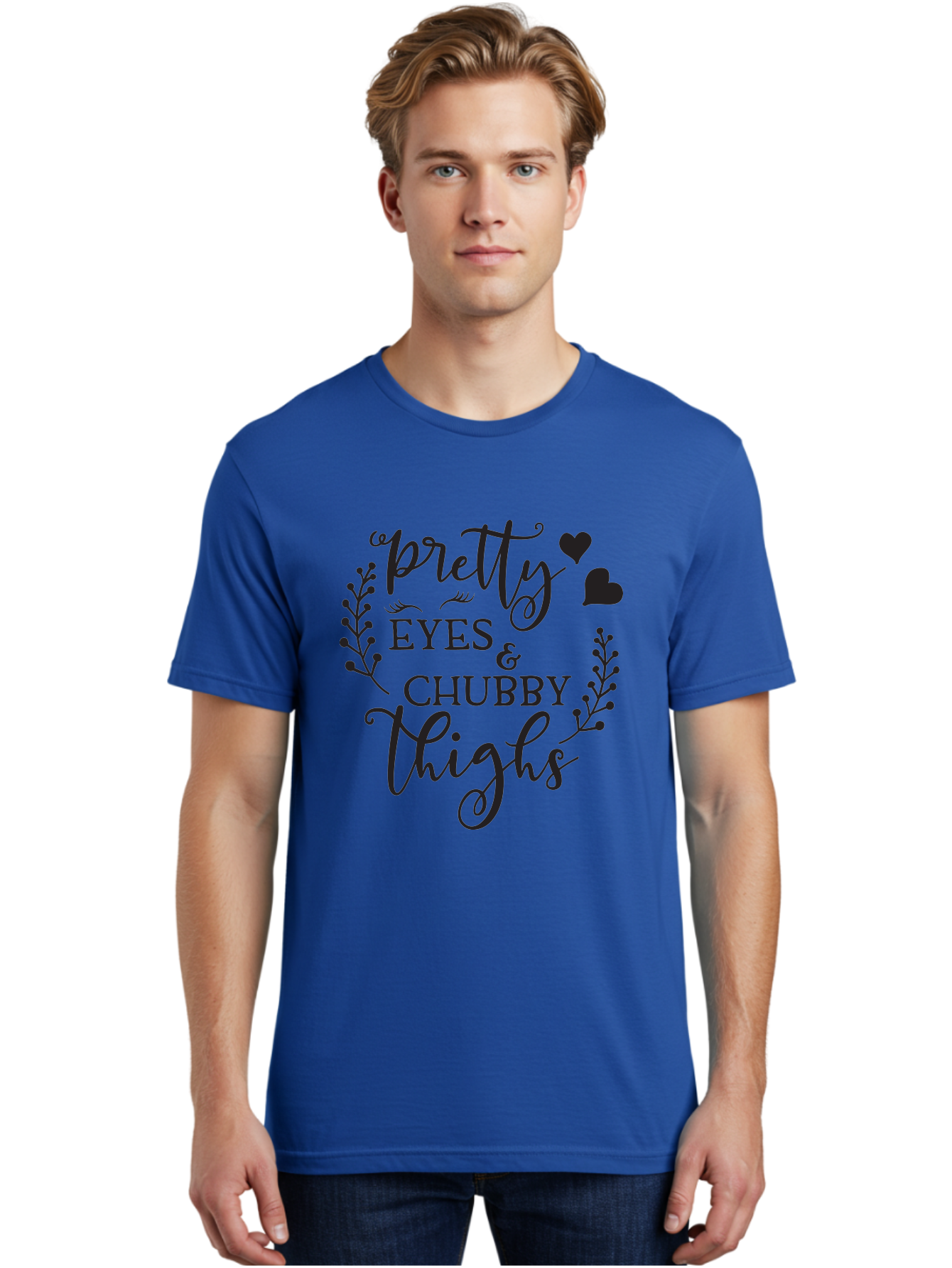 Pretty-Eyes-Chubby-Thighs Men'S Graphic Tee, 100% Cotton, Comfortable Casual Summer Wear, Machine Washable, Cute Typography, Body Positivity, Self Love, Confidence Boost, Empowerment, Lovely Quotes, Charming Phrases, Inspiration, Motivation Aad100