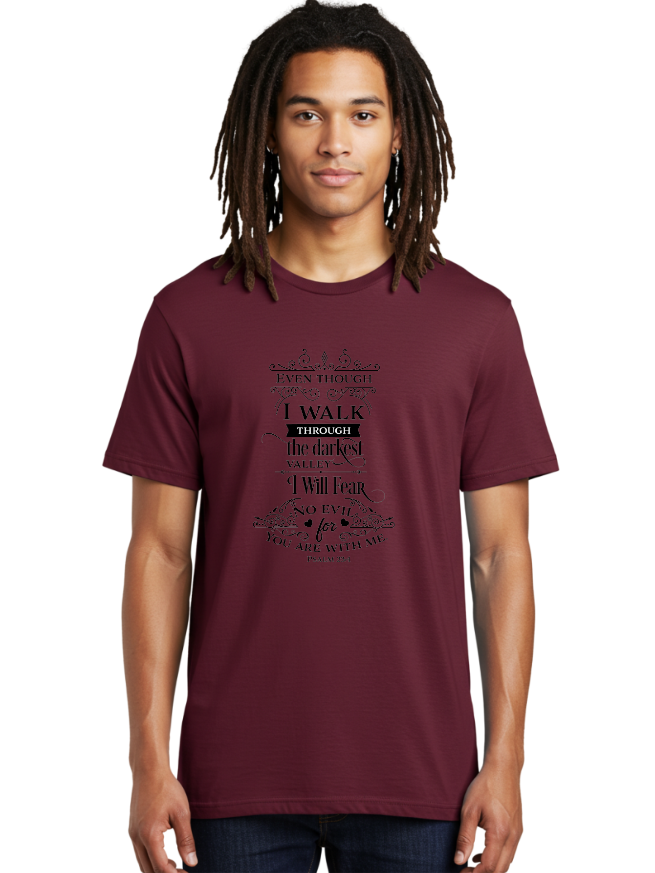 Psalm-23-4 Men'S Graphic Tee, 100% Cotton, Comfortable Casual Summer Wear, Machine Washable, Inspirational Quote, Psalm 23:4, Faith-Based Design, Dark Valley, Fearless Journey, Divine Presence, Ornate Typography, Heart Symbols, Scripture Art, Aad106