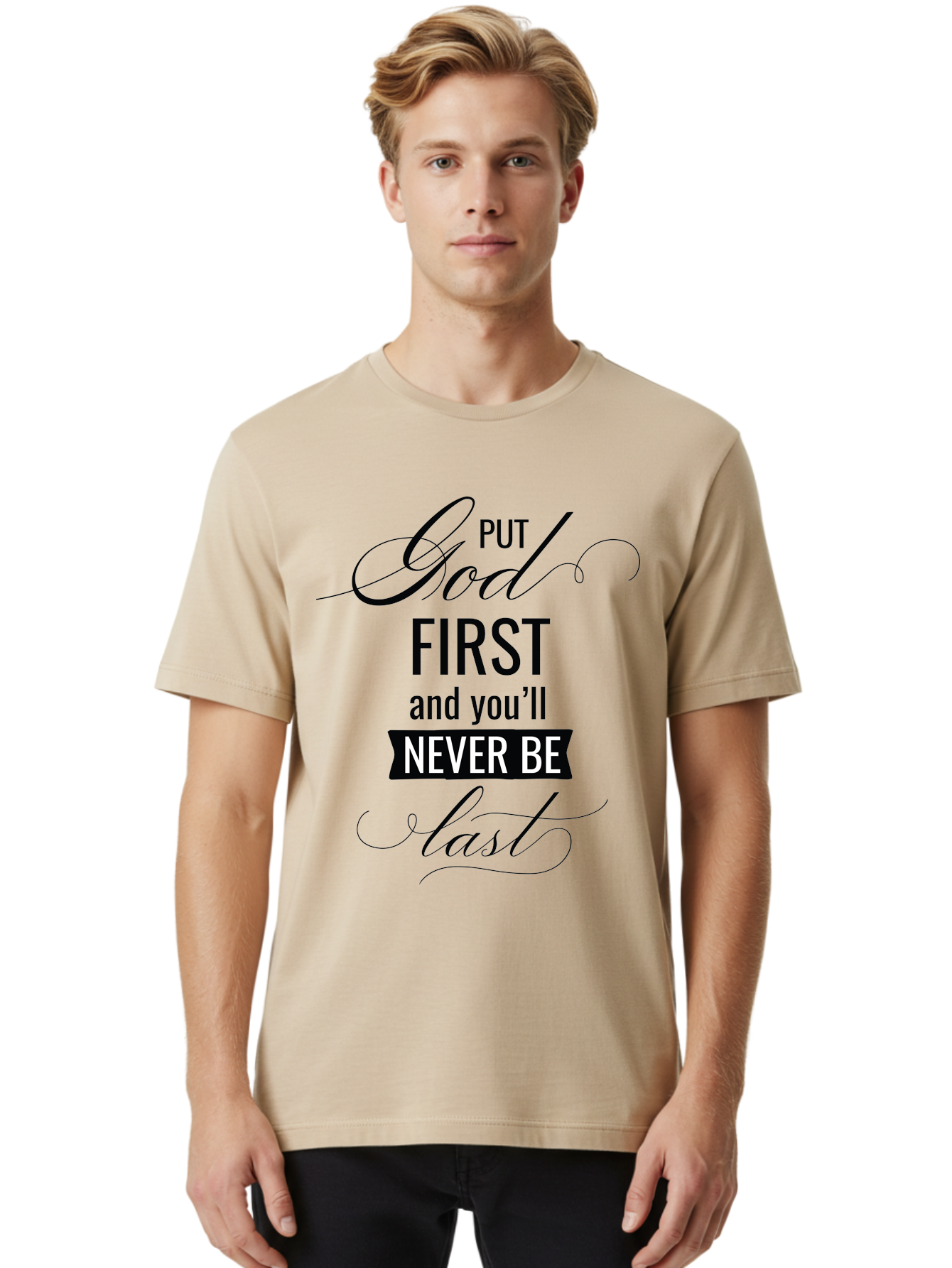 Put-God-First Men'S Graphic Tee, 100% Cotton, Comfortable Casual Summer Wear, Machine Washable, Inspirational Quote, Motivational Words, Faith-Based Message, Put God First, Inspirational Sayings, Motivational Phrases, Spiritual Guidance, Aad110