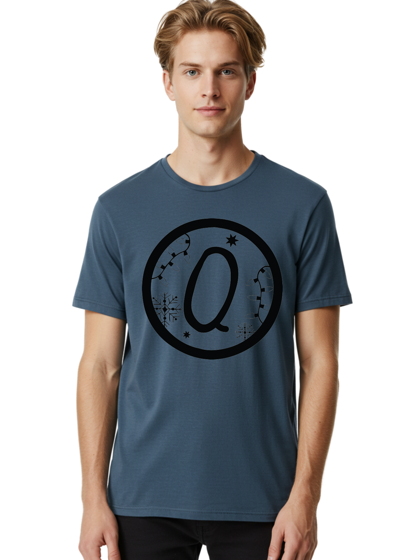 Q Men'S Graphic Tee, 100% Cotton, Comfortable Casual Summer Wear, Machine Washable, Christmas Decorations, Holiday Lights, Festive Snowflakes, Winter Wonderland, Black And Green Theme, Letter Q, Christmas Ornaments, Seasonal Design Aad111