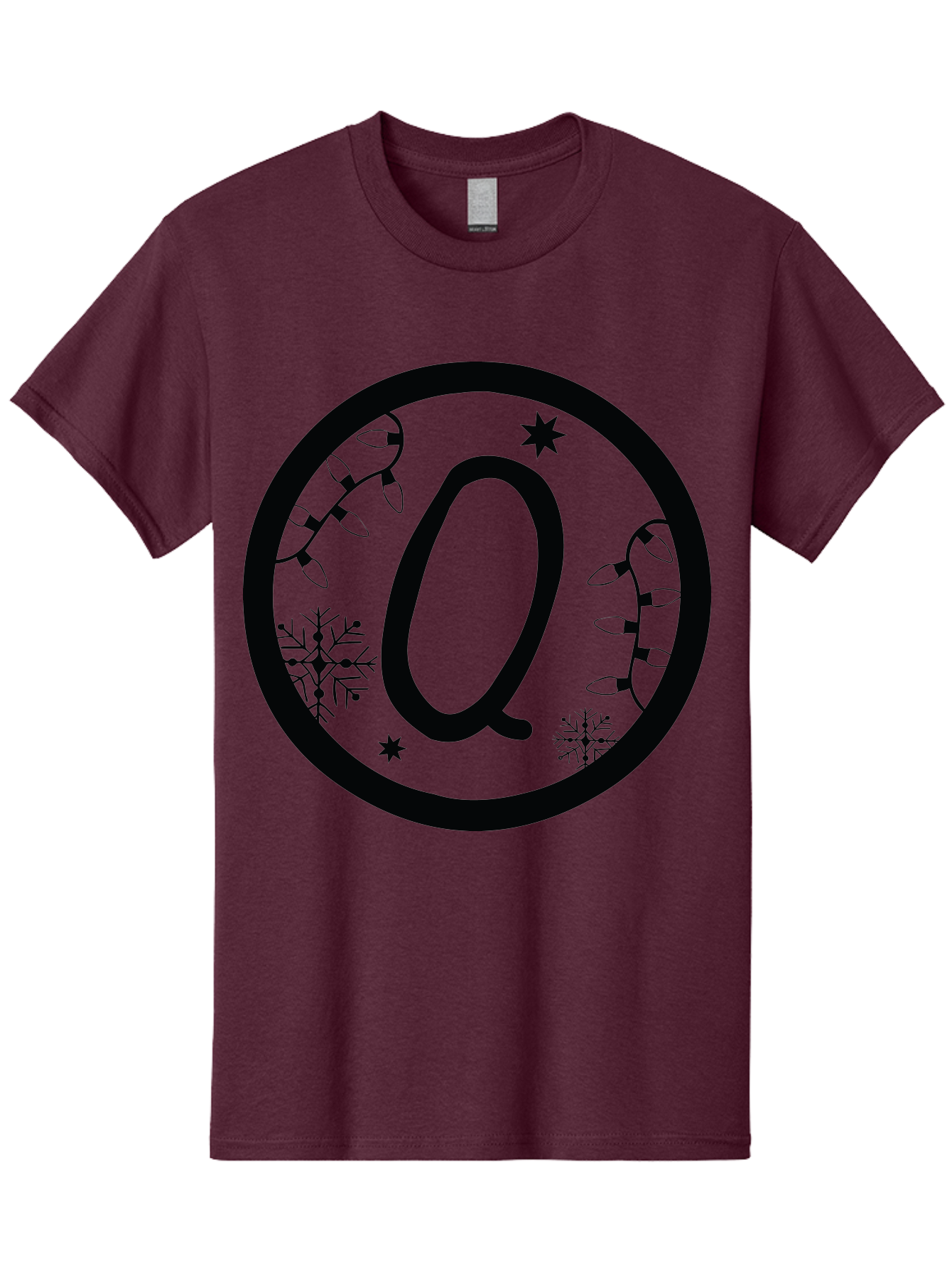 Q Men'S Graphic Tee, 100% Cotton, Comfortable Casual Summer Wear, Machine Washable, Christmas Decorations, Holiday Lights, Festive Snowflakes, Winter Wonderland, Black And Green Theme, Letter Q, Christmas Ornaments, Seasonal Design Aad111