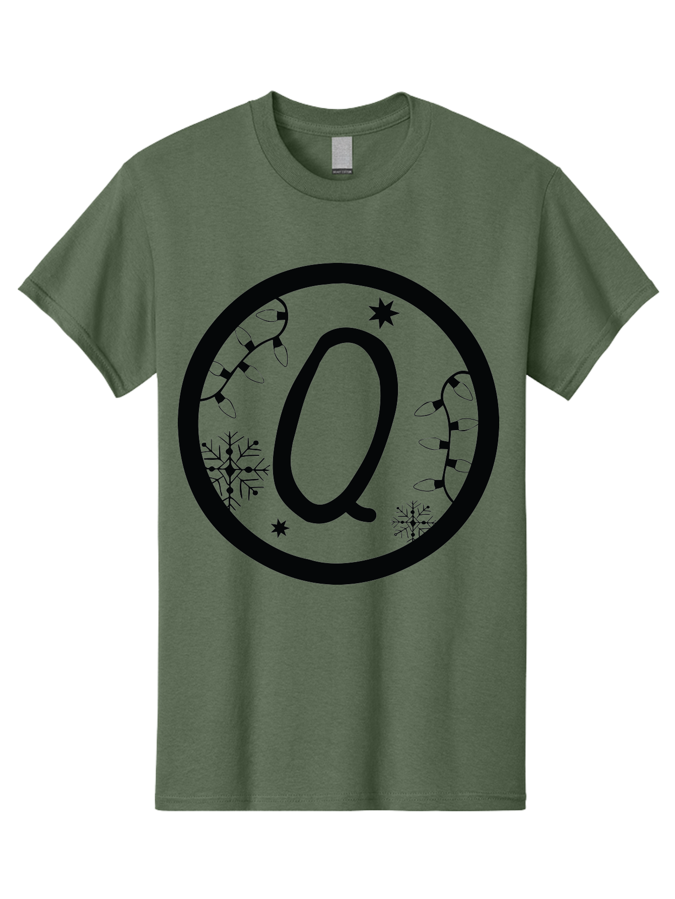 Q Men'S Graphic Tee, 100% Cotton, Comfortable Casual Summer Wear, Machine Washable, Christmas Decorations, Holiday Lights, Festive Snowflakes, Winter Wonderland, Black And Green Theme, Letter Q, Christmas Ornaments, Seasonal Design Aad111