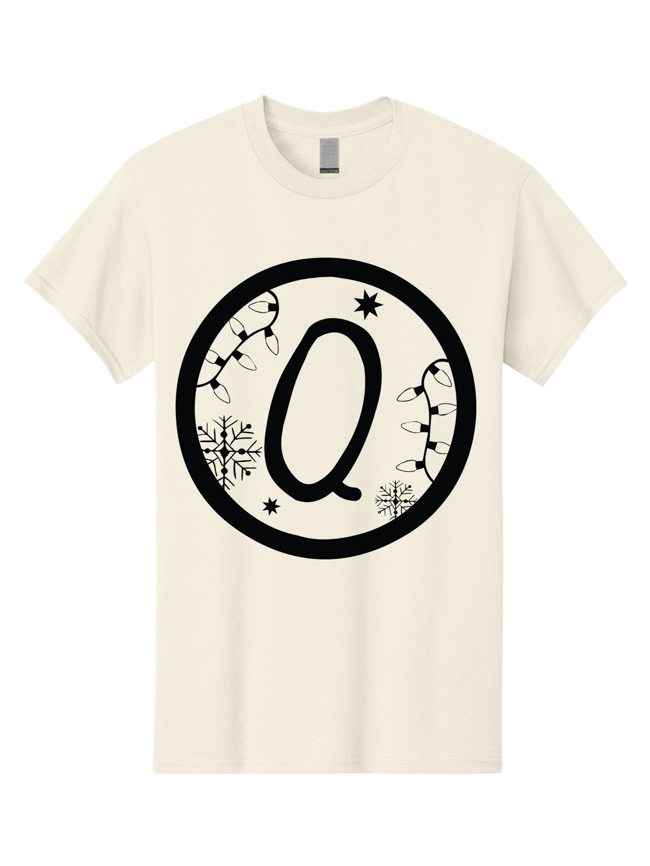 Q Men'S Graphic Tee, 100% Cotton, Comfortable Casual Summer Wear, Machine Washable, Christmas Decorations, Holiday Lights, Festive Snowflakes, Winter Wonderland, Black And Green Theme, Letter Q, Christmas Ornaments, Seasonal Design Aad111