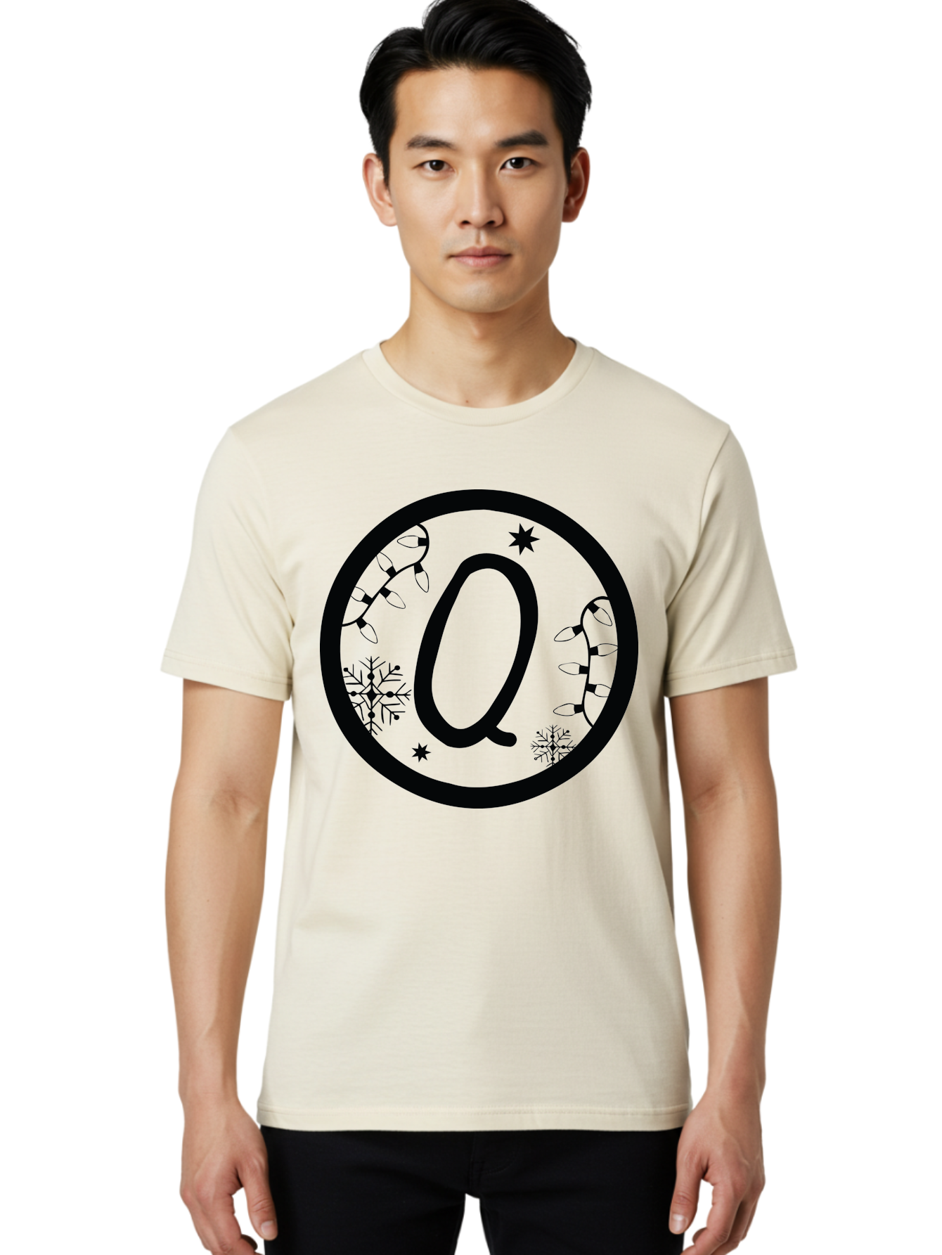 Q Men'S Graphic Tee, 100% Cotton, Comfortable Casual Summer Wear, Machine Washable, Christmas Decorations, Holiday Lights, Festive Snowflakes, Winter Wonderland, Black And Green Theme, Letter Q, Christmas Ornaments, Seasonal Design Aad111