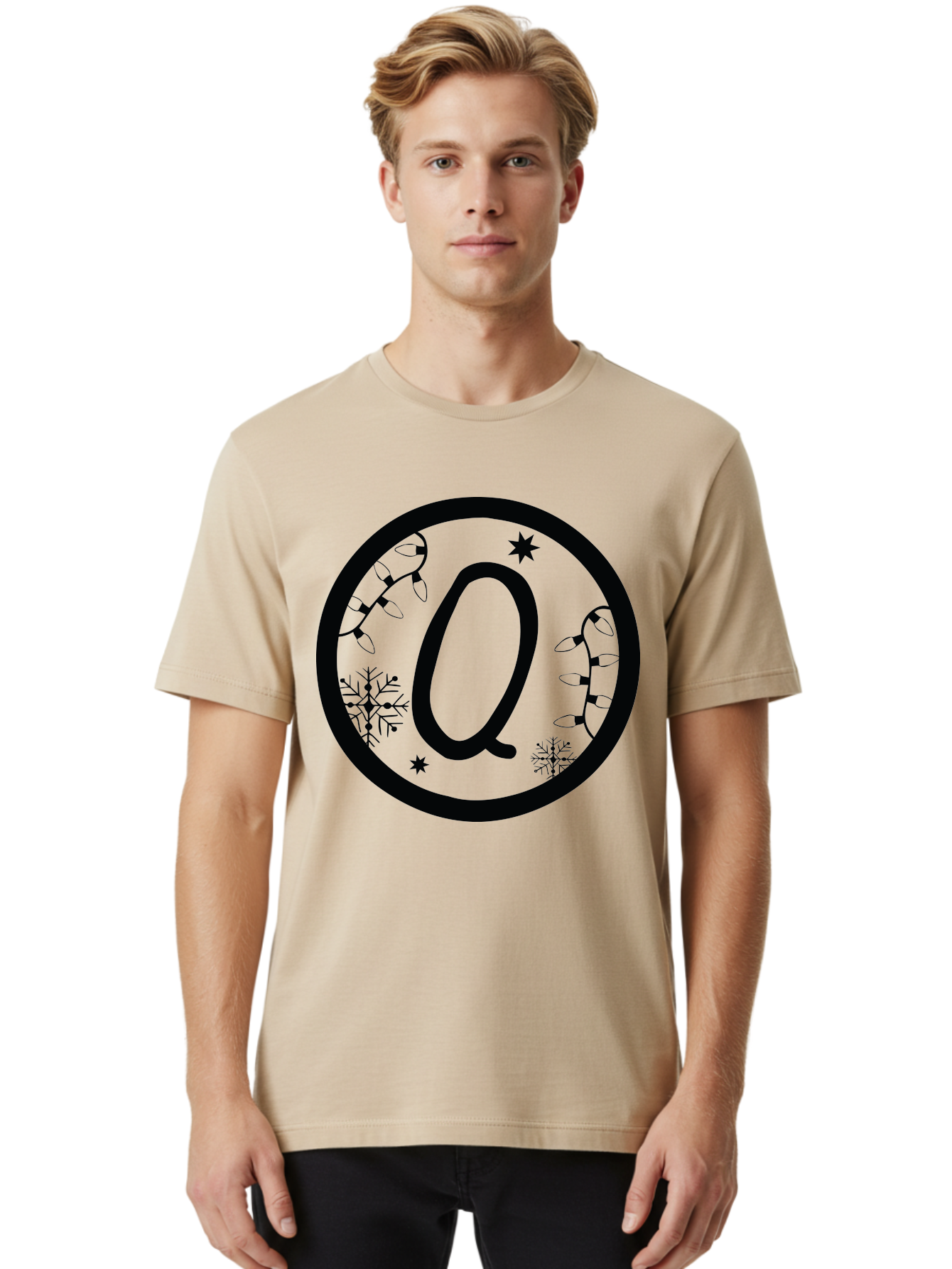 Q Men'S Graphic Tee, 100% Cotton, Comfortable Casual Summer Wear, Machine Washable, Christmas Decorations, Holiday Lights, Festive Snowflakes, Winter Wonderland, Black And Green Theme, Letter Q, Christmas Ornaments, Seasonal Design Aad111