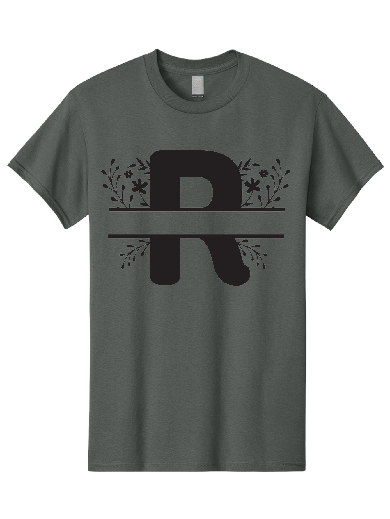 R Men'S Graphic Tee, 100% Cotton, Comfortable Casual Summer Wear, Machine Washable, Stylized Letter R, Floral Design, Black Lettering, Decorative Elements, Flowers And Leaves, Elegant Typography, Sophisticated Graphics Aad112