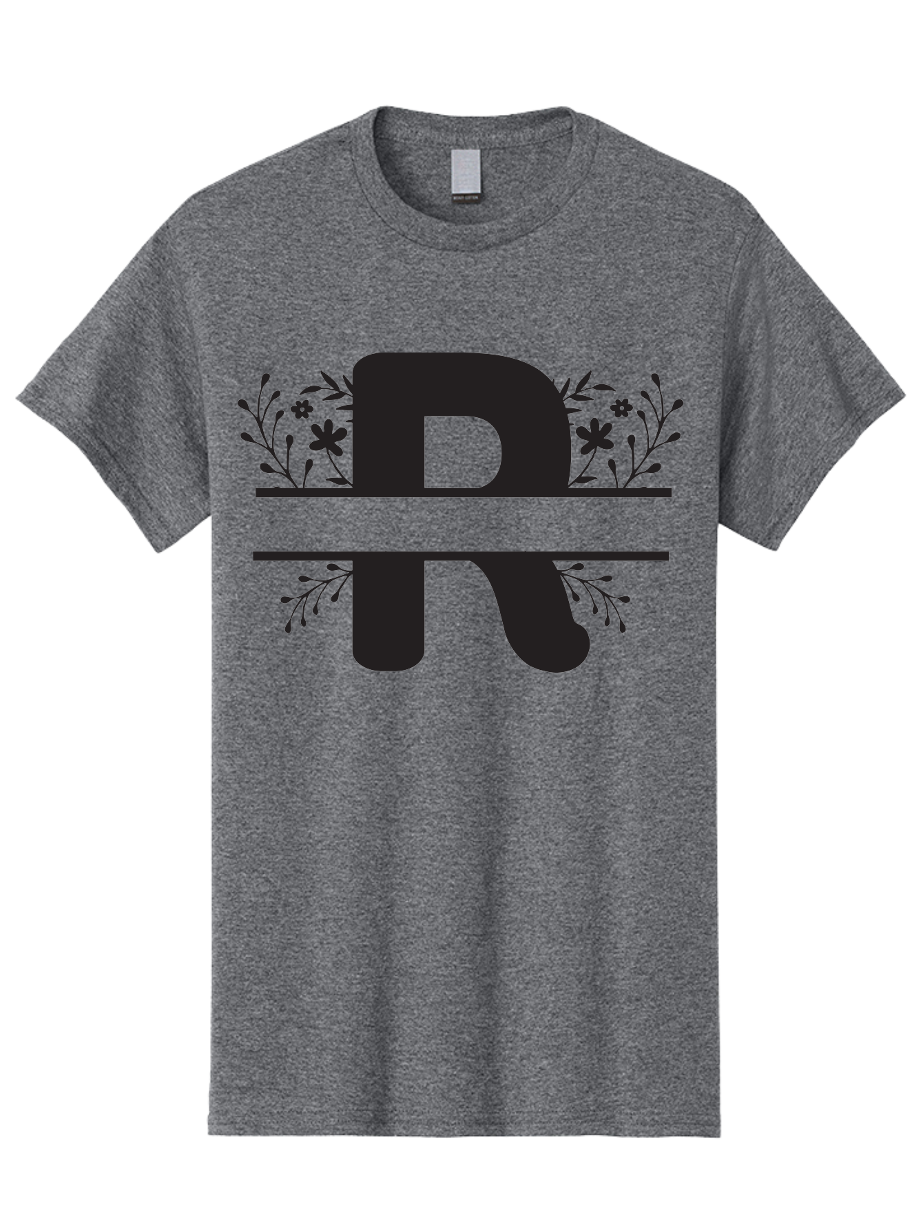 R Men'S Graphic Tee, 100% Cotton, Comfortable Casual Summer Wear, Machine Washable, Stylized Letter R, Floral Design, Black Lettering, Decorative Elements, Flowers And Leaves, Elegant Typography, Sophisticated Graphics Aad112