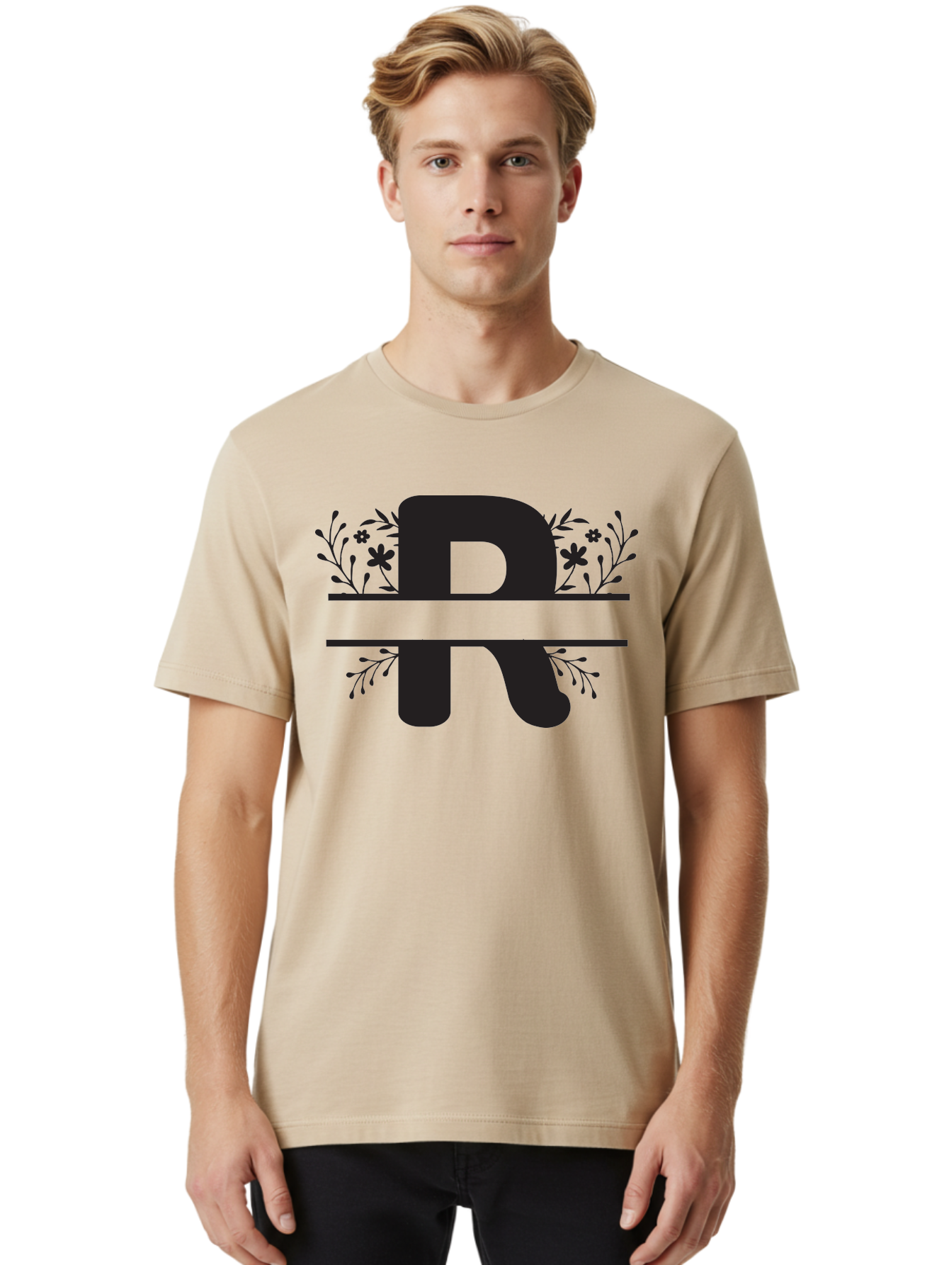 R Men'S Graphic Tee, 100% Cotton, Comfortable Casual Summer Wear, Machine Washable, Stylized Letter R, Floral Design, Black Lettering, Decorative Elements, Flowers And Leaves, Elegant Typography, Sophisticated Graphics Aad112