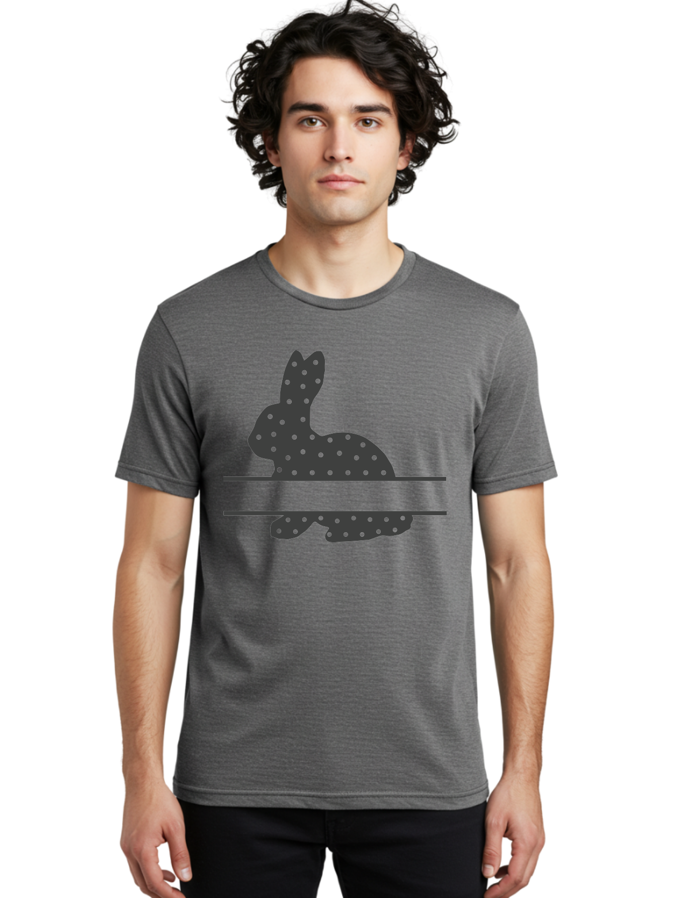 Rabbit-Silhouette-With-Dots Men'S Graphic Tee, 100% Cotton, Comfortable Casual Summer Wear, Machine Washable, Rabbit Silhouette, Black Silhouette, Polka Dot Pattern, Reflection Effect, Mirrored Image, Modern Art, Minimalist Design, Cute Bunny Aad113