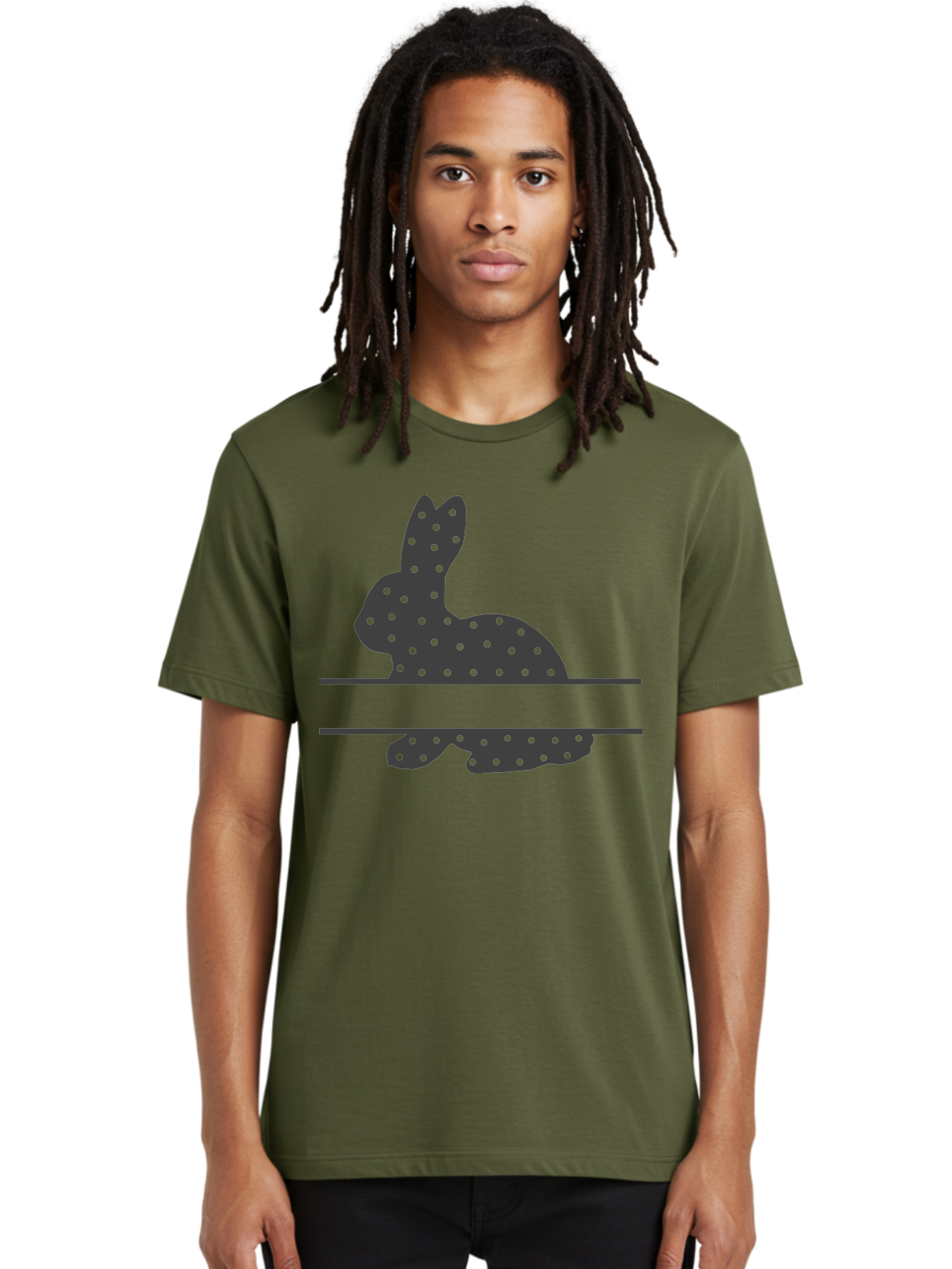 Rabbit-Silhouette-With-Dots Men'S Graphic Tee, 100% Cotton, Comfortable Casual Summer Wear, Machine Washable, Rabbit Silhouette, Black Silhouette, Polka Dot Pattern, Reflection Effect, Mirrored Image, Modern Art, Minimalist Design, Cute Bunny Aad113