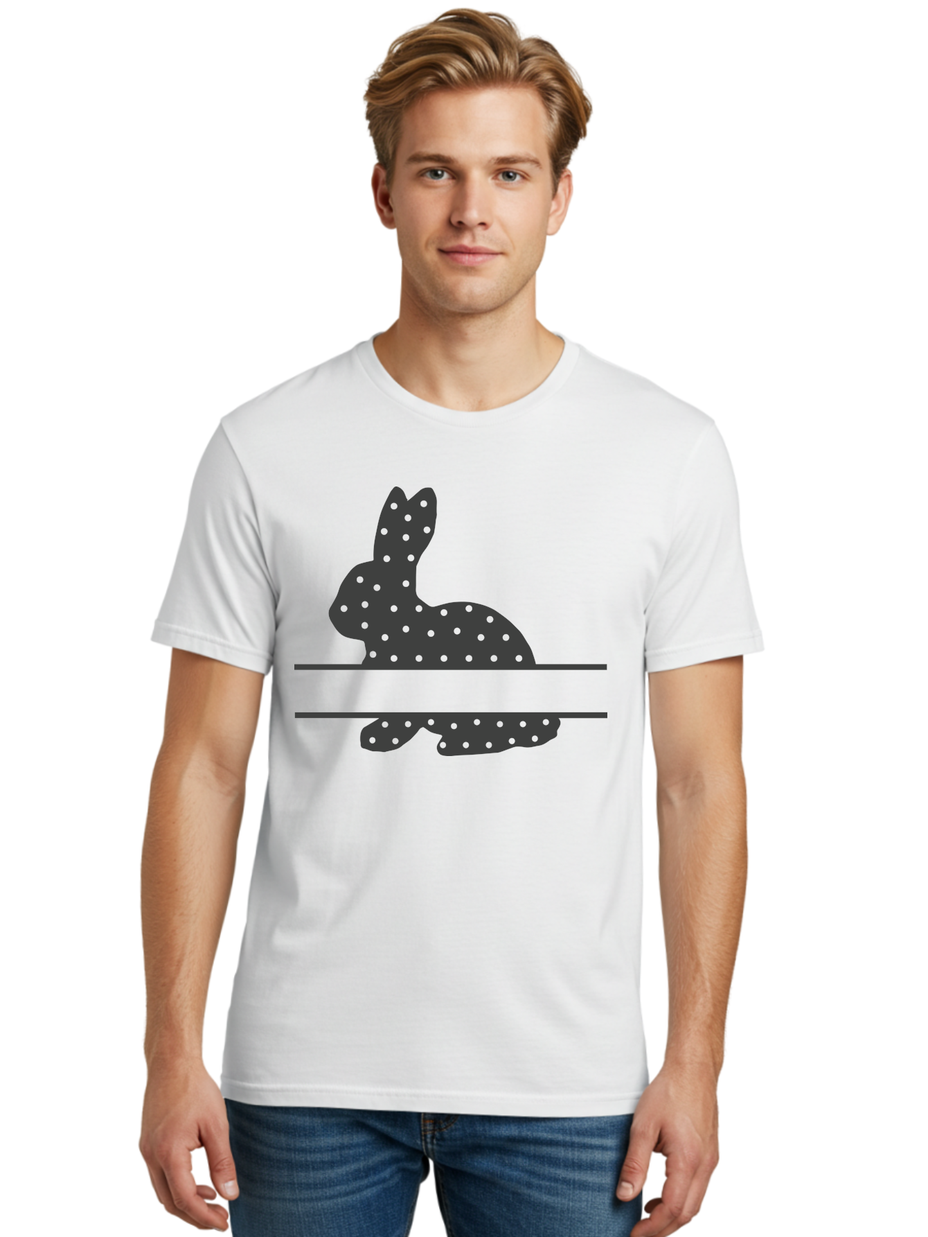 Rabbit-Silhouette-With-Dots Men'S Graphic Tee, 100% Cotton, Comfortable Casual Summer Wear, Machine Washable, Rabbit Silhouette, Black Silhouette, Polka Dot Pattern, Reflection Effect, Mirrored Image, Modern Art, Minimalist Design, Cute Bunny Aad113