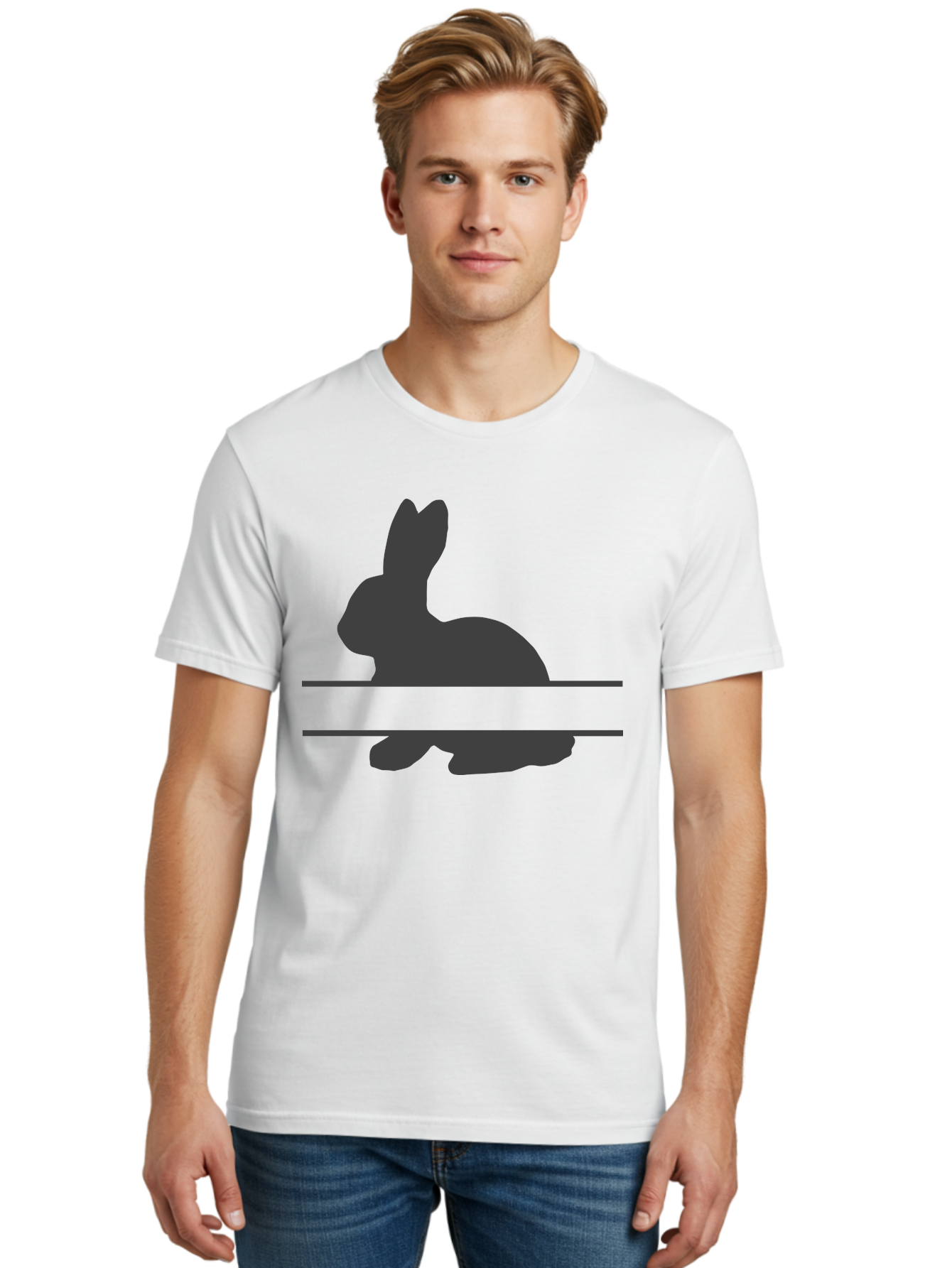 Rabbit-Silhouette Men'S Graphic Tee, 100% Cotton, Comfortable Casual Summer Wear, Machine Washable, Rabbit Silhouette, Minimalist Design, Simple Shape, Black Silhouette, Cute Rabbit, Modern Art, Creative Illustration, Simple Graphics Aad114