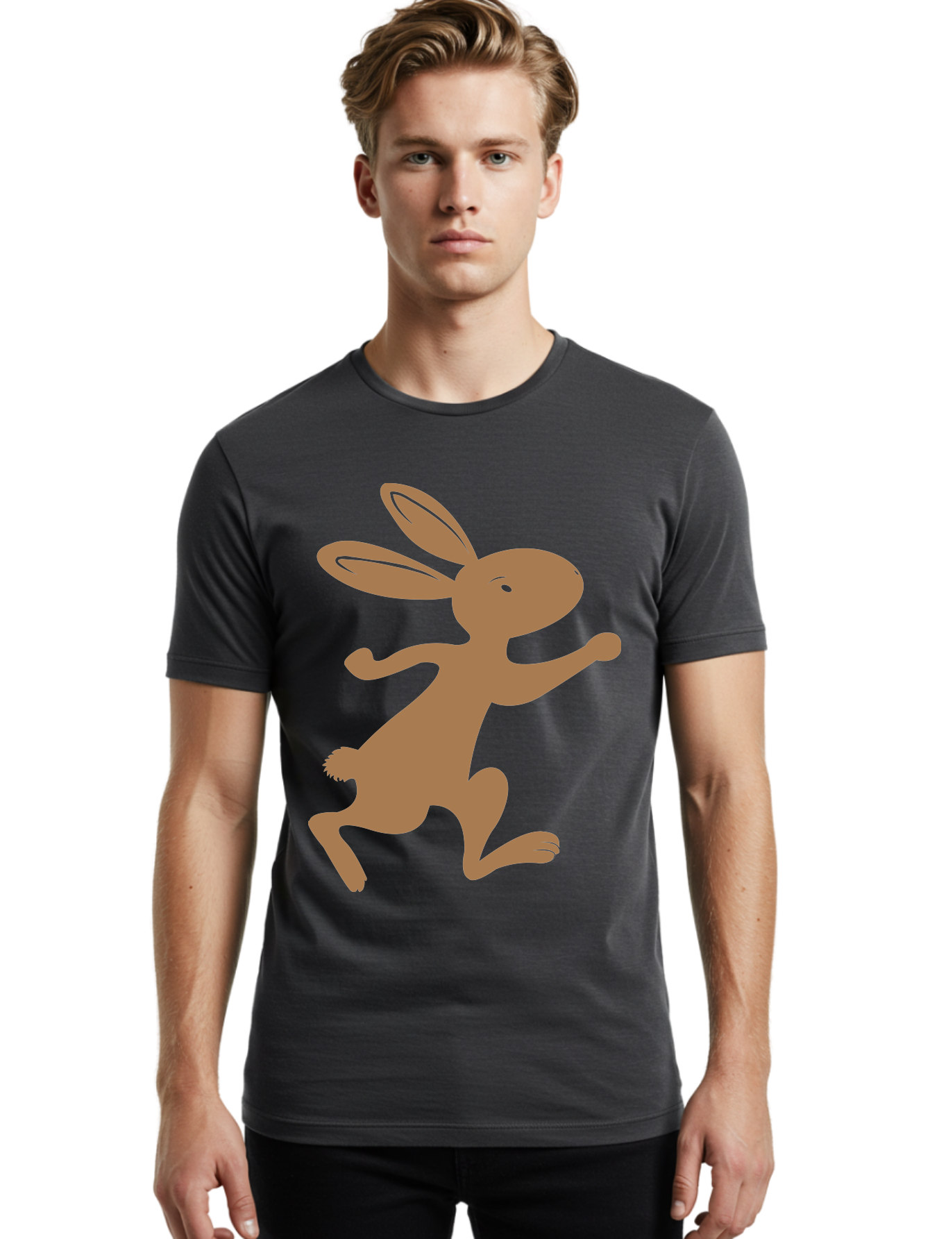 Rabbit Men'S Graphic Tee, 100% Cotton, Comfortable Casual Summer Wear, Machine Washable, Cartoon Rabbit, Jumping Rabbit, Brown Rabbit, Playful Pose, Cute Illustration, Simple Design, Whimsical Art, Cartoon Character, Funny Rabbit Aad115
