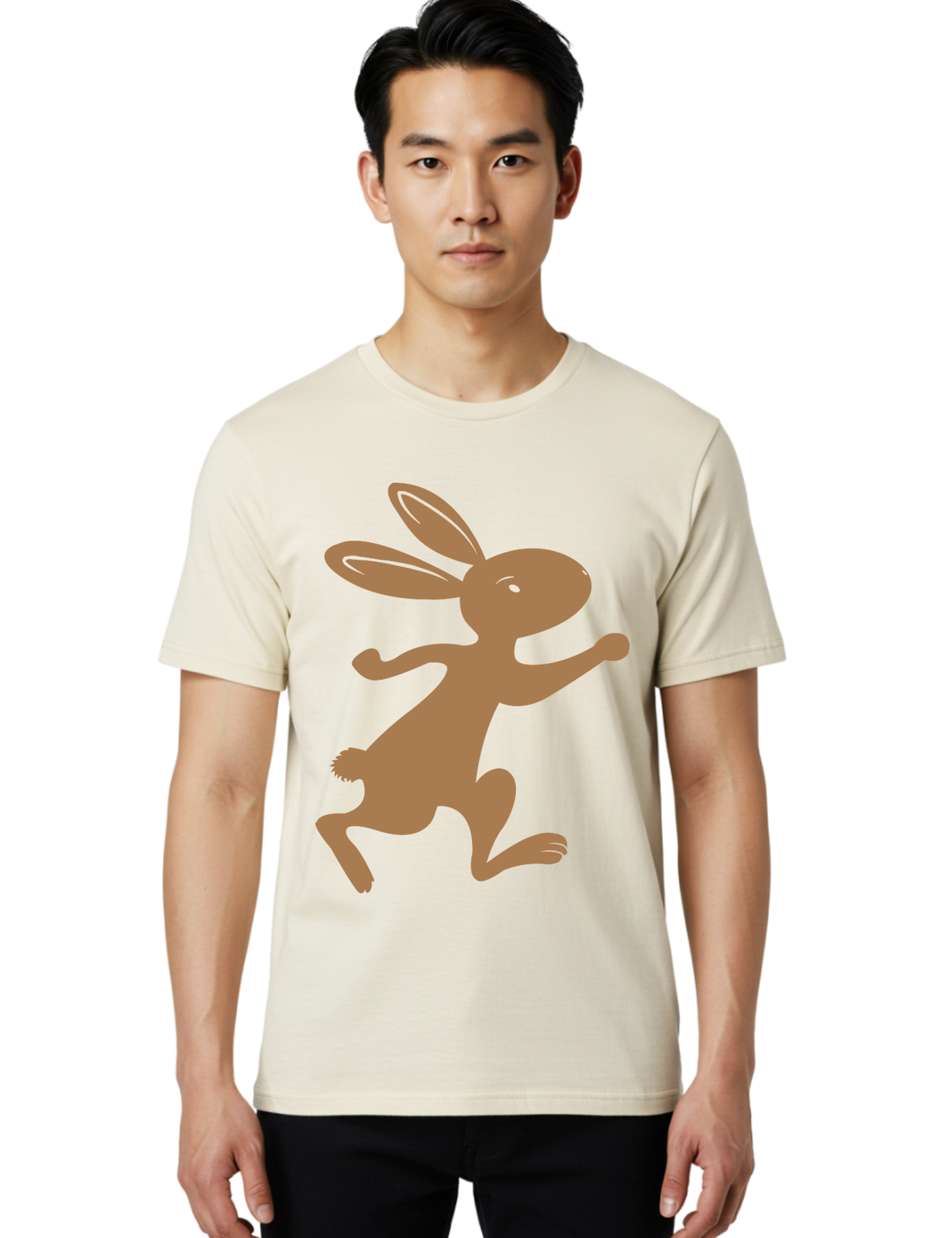 Rabbit Men'S Graphic Tee, 100% Cotton, Comfortable Casual Summer Wear, Machine Washable, Cartoon Rabbit, Jumping Rabbit, Brown Rabbit, Playful Pose, Cute Illustration, Simple Design, Whimsical Art, Cartoon Character, Funny Rabbit Aad115