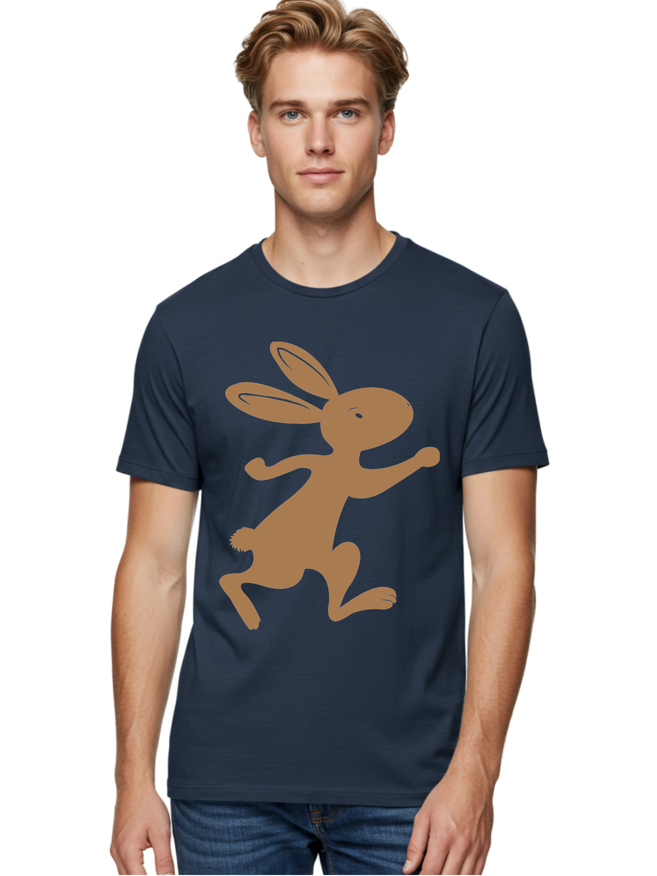 Rabbit Men'S Graphic Tee, 100% Cotton, Comfortable Casual Summer Wear, Machine Washable, Cartoon Rabbit, Jumping Rabbit, Brown Rabbit, Playful Pose, Cute Illustration, Simple Design, Whimsical Art, Cartoon Character, Funny Rabbit Aad115