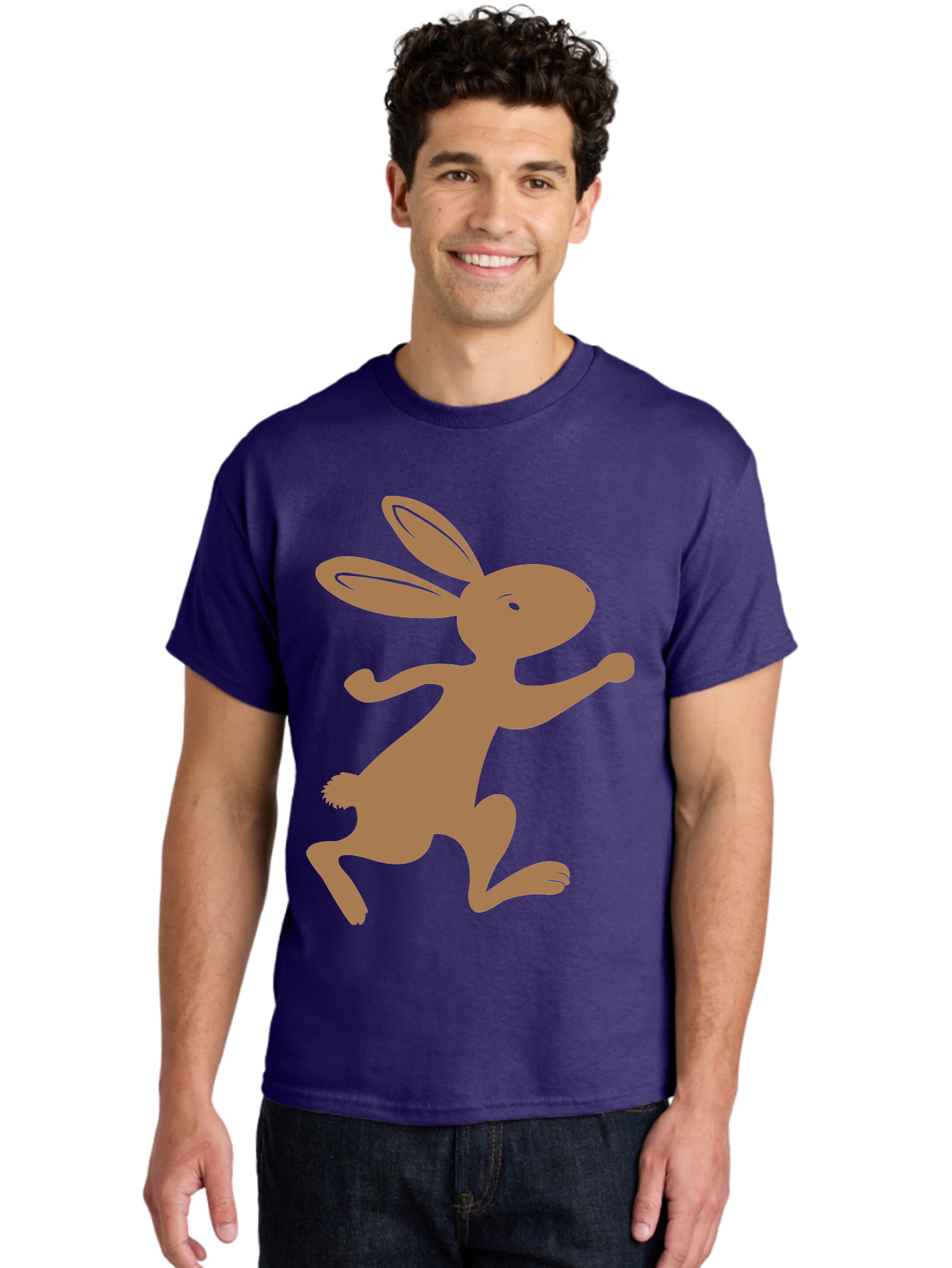Rabbit Men'S Graphic Tee, 100% Cotton, Comfortable Casual Summer Wear, Machine Washable, Cartoon Rabbit, Jumping Rabbit, Brown Rabbit, Playful Pose, Cute Illustration, Simple Design, Whimsical Art, Cartoon Character, Funny Rabbit Aad115