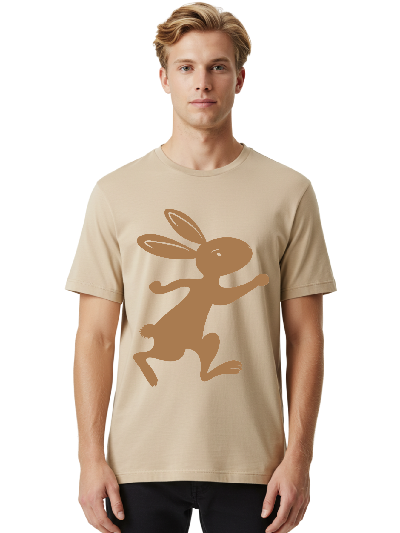 Rabbit Men'S Graphic Tee, 100% Cotton, Comfortable Casual Summer Wear, Machine Washable, Cartoon Rabbit, Jumping Rabbit, Brown Rabbit, Playful Pose, Cute Illustration, Simple Design, Whimsical Art, Cartoon Character, Funny Rabbit Aad115