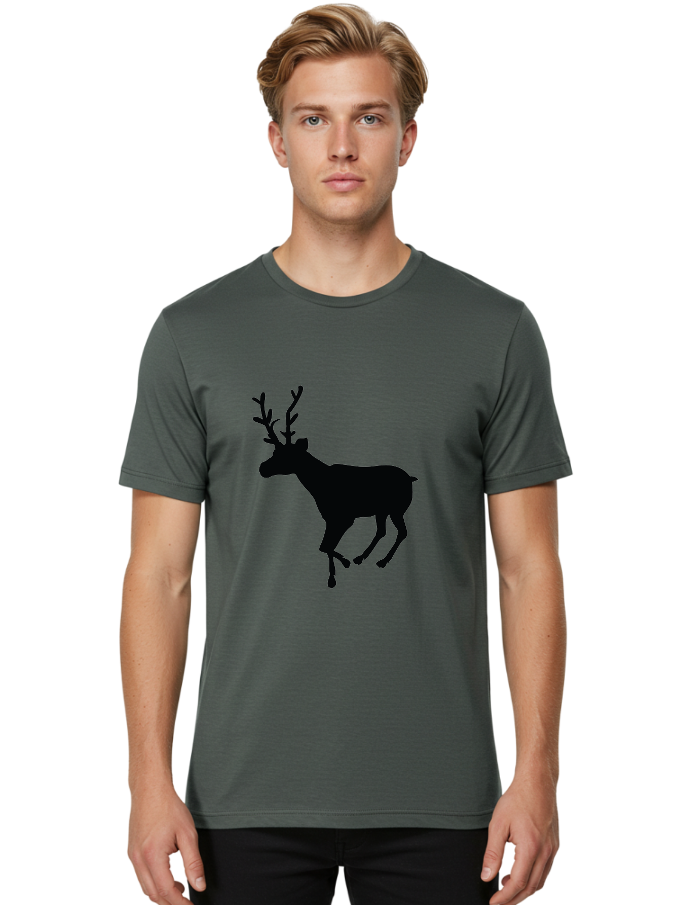 Reindeer-Silhouette Men'S Graphic Tee, 100% Cotton, Comfortable Casual Summer Wear, Machine Washable, Reindeer Silhouette, Deer Running, Antlered Animal, Wildlife Graphic, Festive Design, Winter Symbol, Holiday Icon, Minimalist Art Aad123
